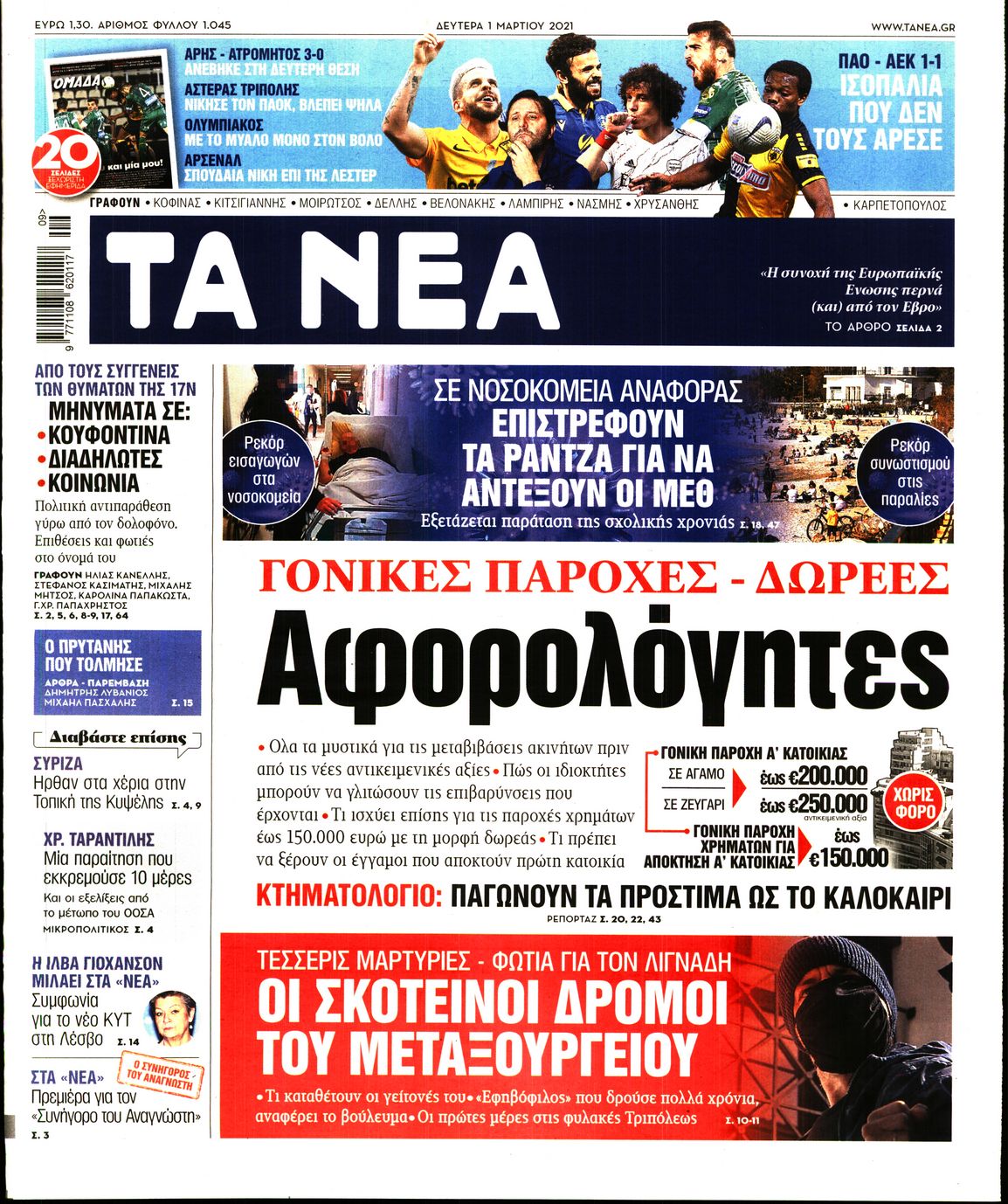 Εξώφυλο εφημερίδας ΤΑ ΝΕΑ 2021-03-01