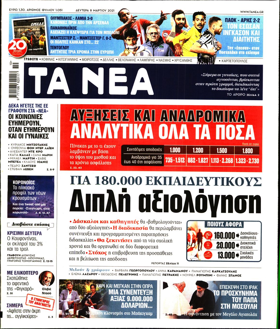 Εξώφυλο εφημερίδας ΤΑ ΝΕΑ 2021-03-08
