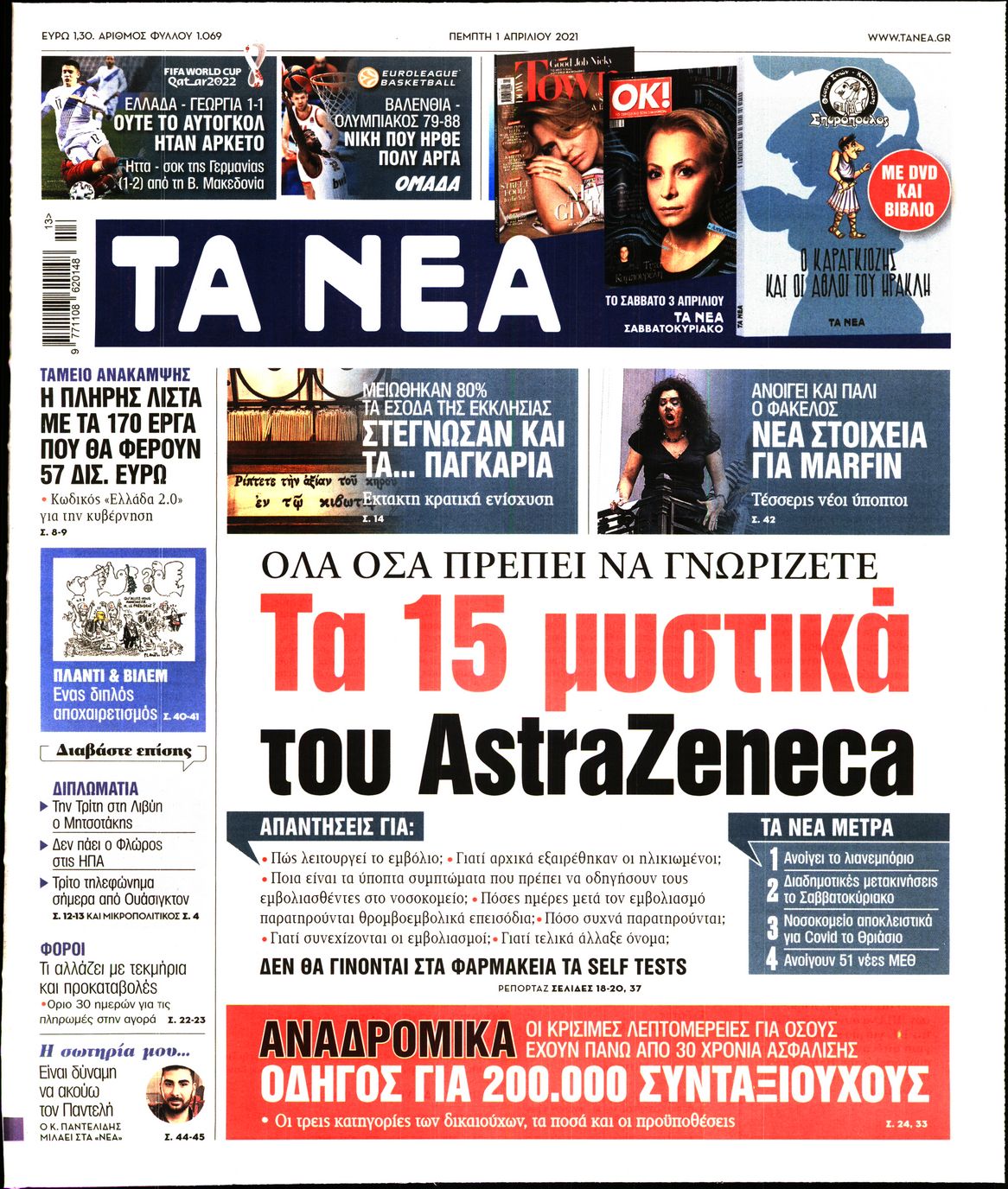 Εξώφυλο εφημερίδας ΤΑ ΝΕΑ 2021-04-01