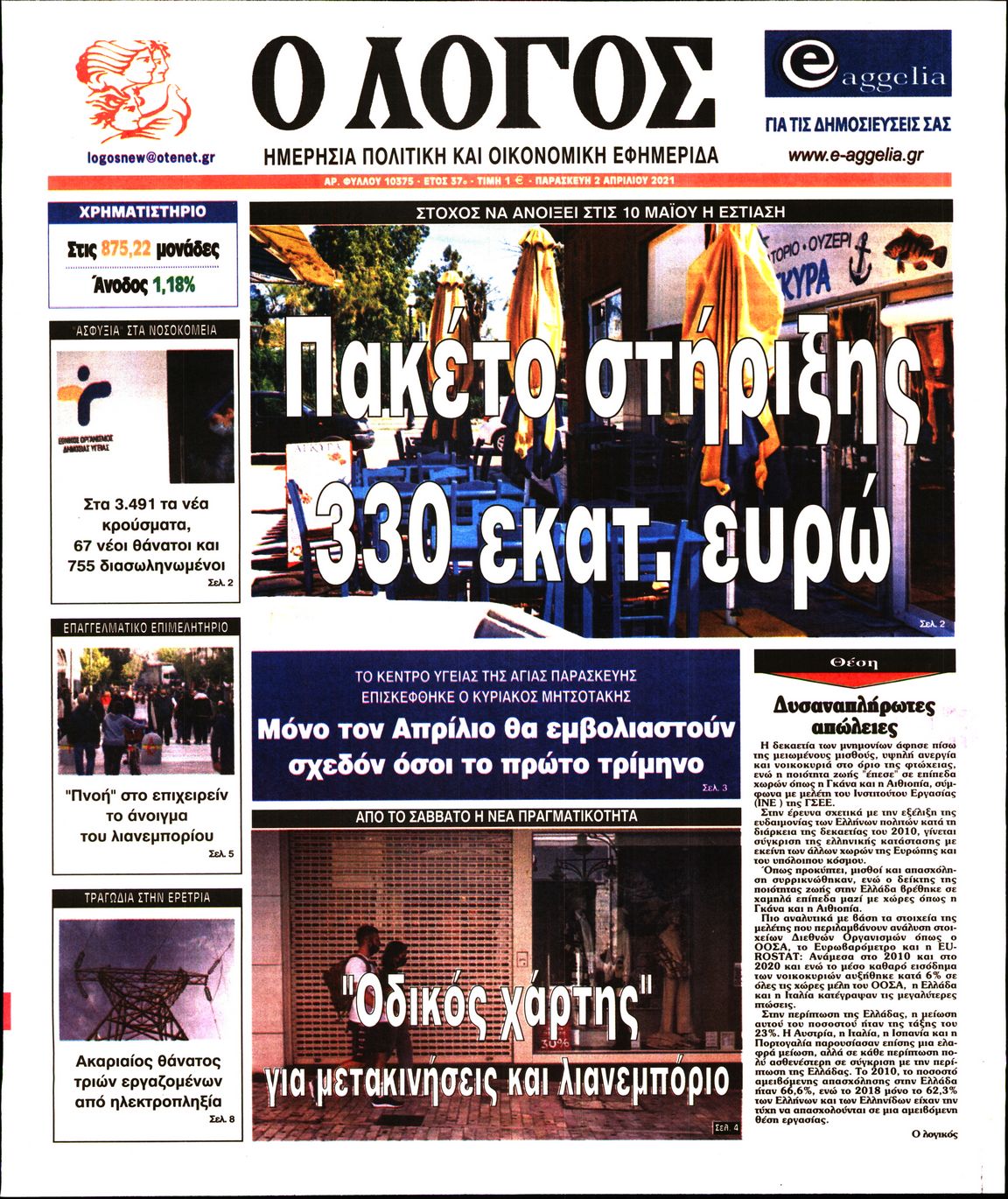 Εξώφυλο εφημερίδας Ο ΛΟΓΟΣ 2021-04-02
