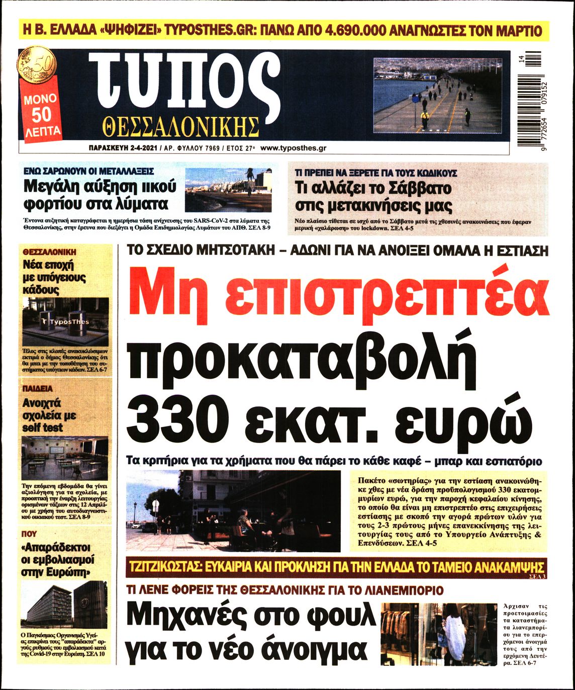 Εξώφυλο εφημερίδας ΤΥΠΟΣ ΘΕΣ/ΝΙΚΗΣ 2021-04-02