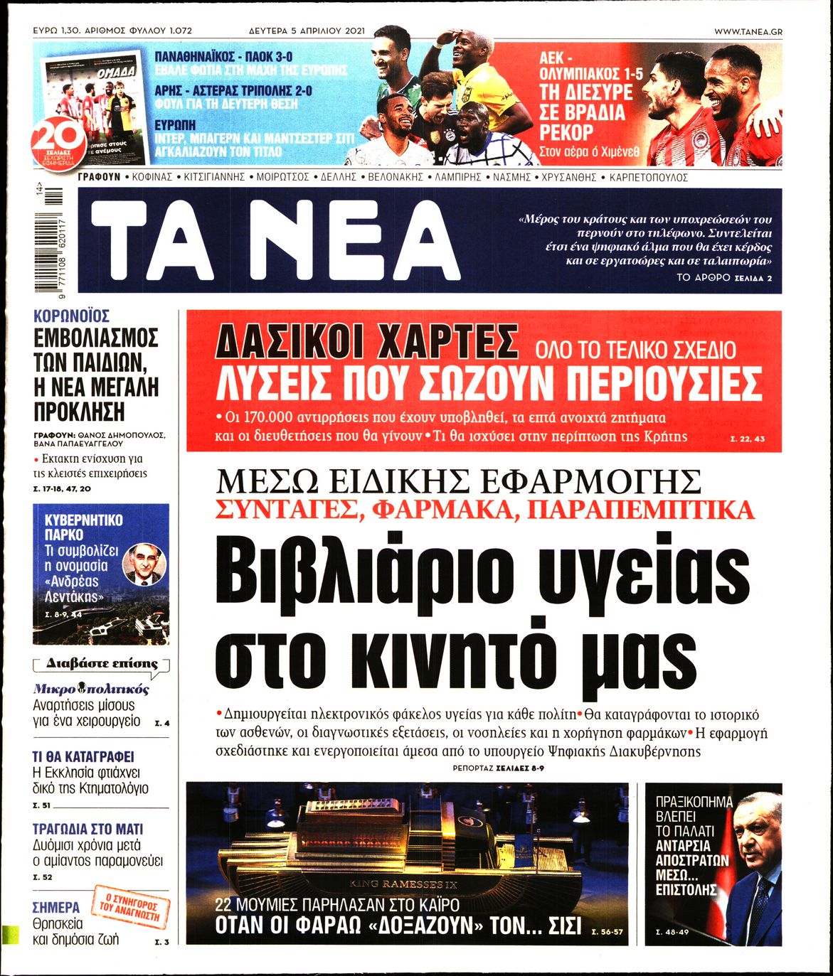 Εξώφυλο εφημερίδας ΤΑ ΝΕΑ 2021-04-05