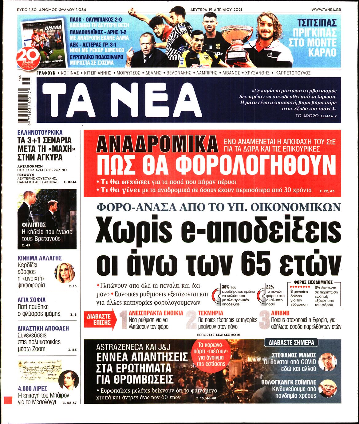 Εξώφυλο εφημερίδας ΤΑ ΝΕΑ 2021-04-19