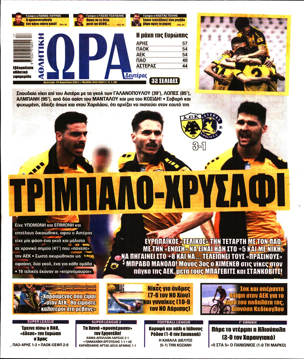 Εξώφυλο εφημερίδας ΩΡΑ ΓΙΑ ΣΠΟΡ 2021-04-19