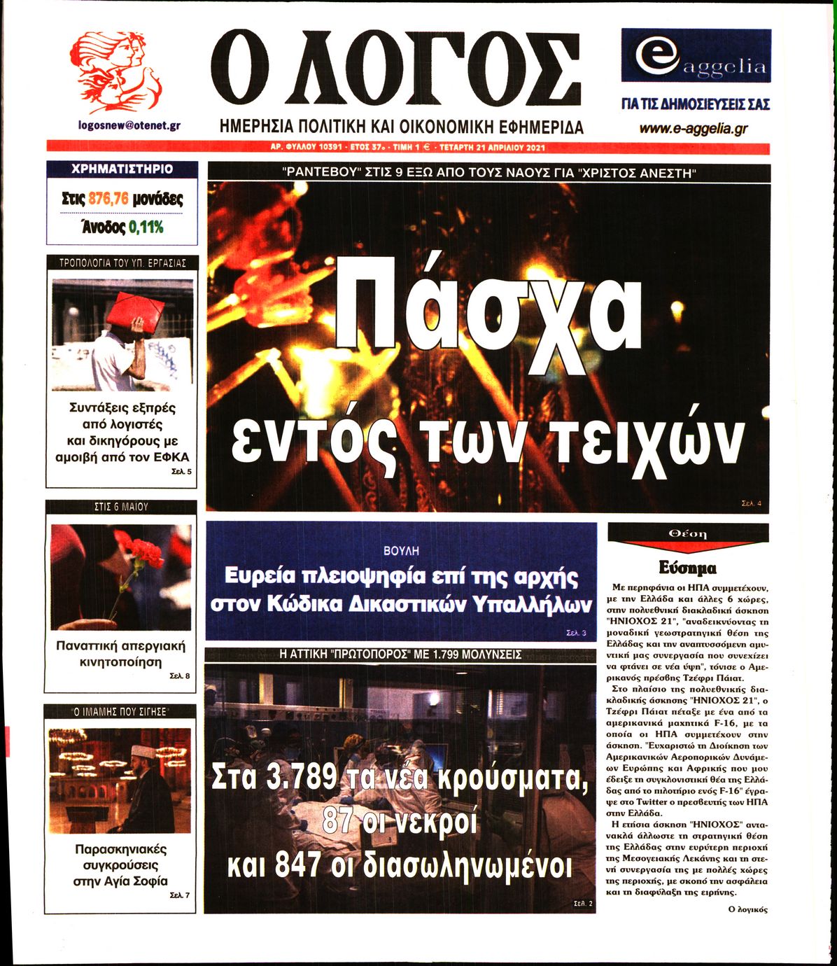 Εξώφυλο εφημερίδας Ο ΛΟΓΟΣ 2021-04-21
