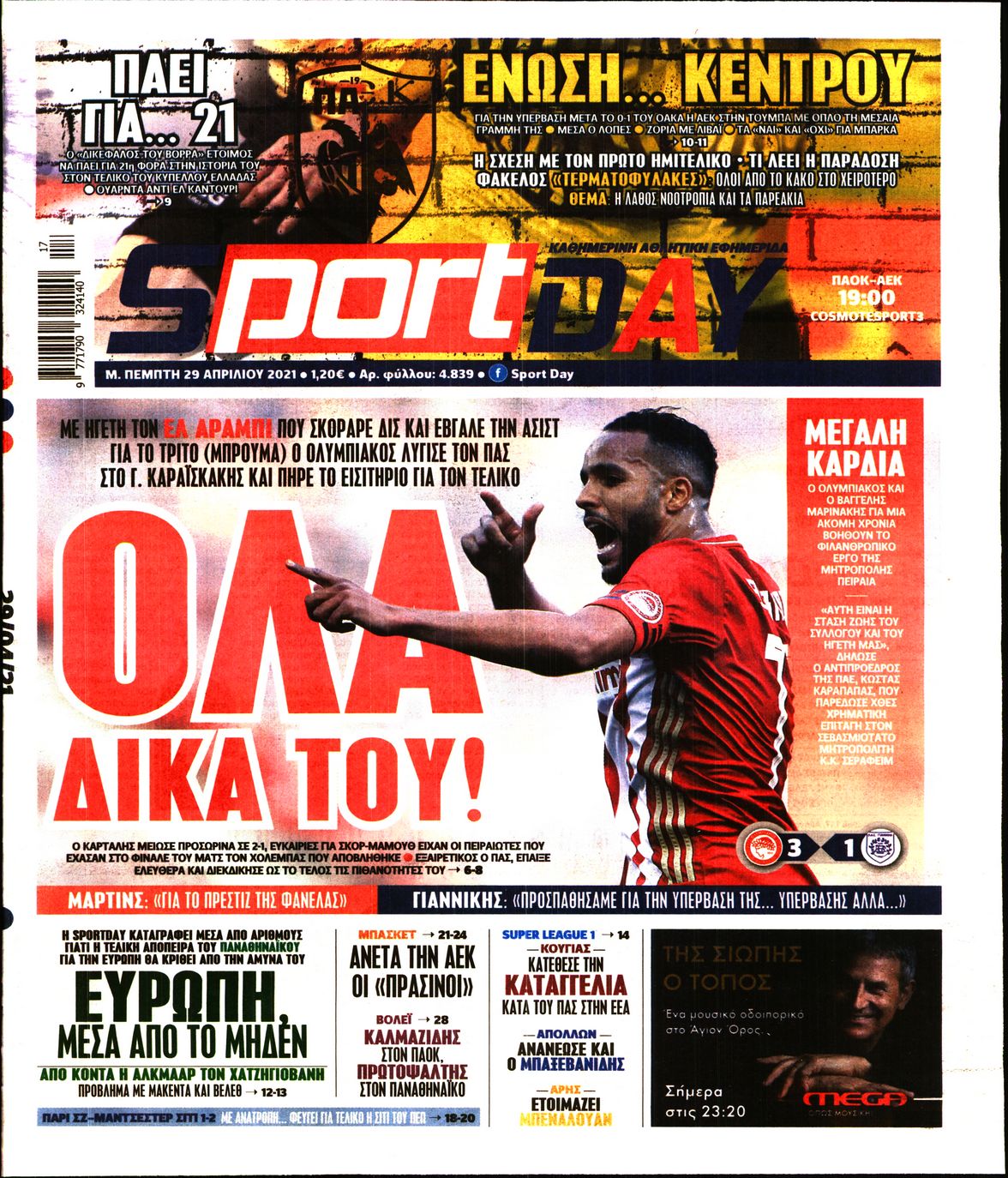 Εξώφυλο εφημερίδας SPORTDAY 2021-04-29