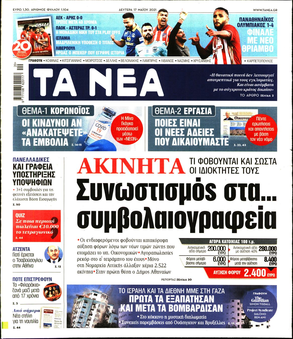 Εξώφυλο εφημερίδας ΤΑ ΝΕΑ 2021-05-17