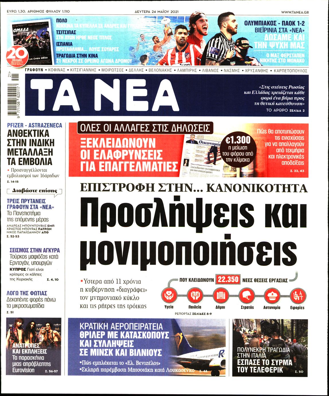 Εξώφυλο εφημερίδας ΤΑ ΝΕΑ 2021-05-24