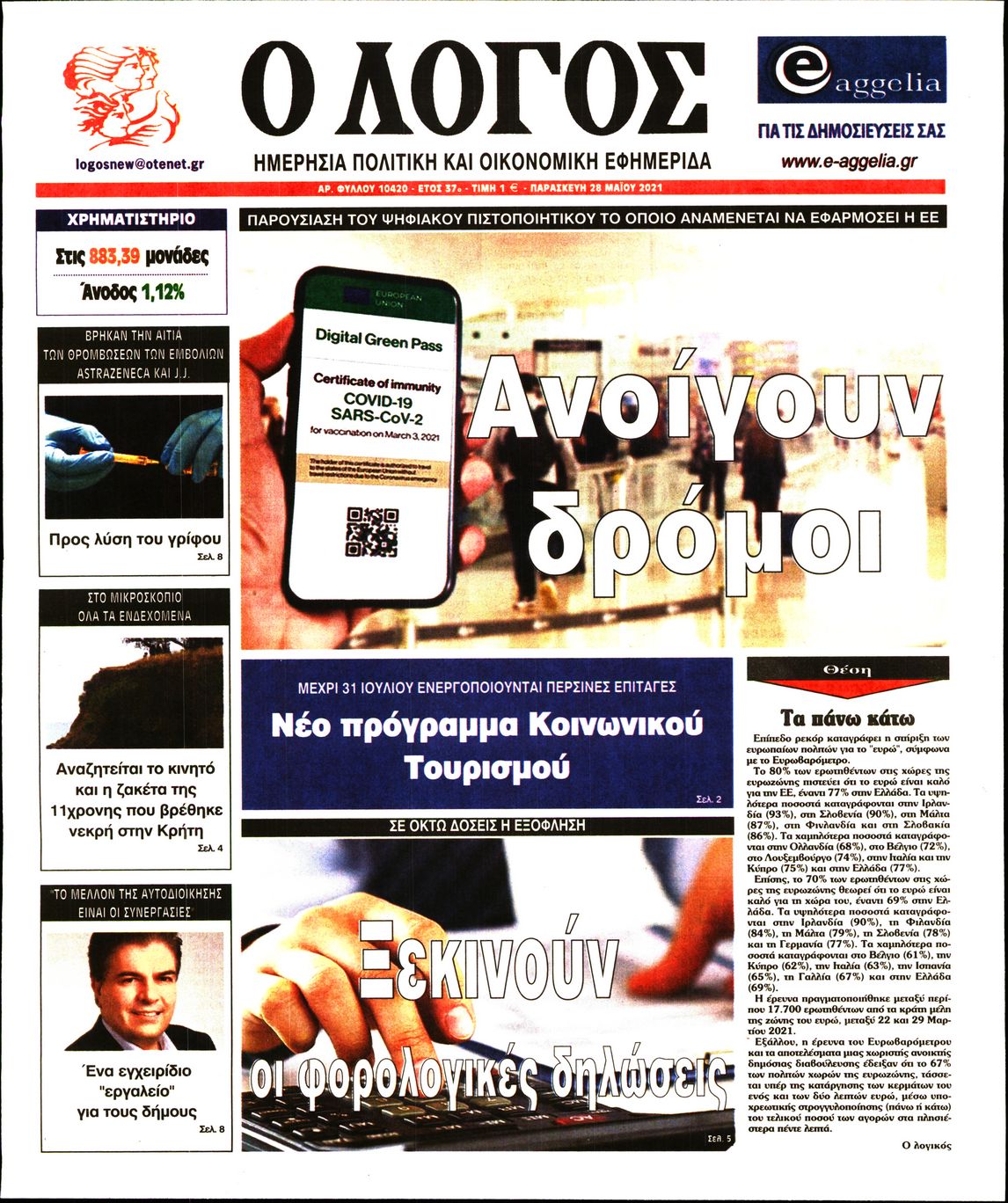 Εξώφυλο εφημερίδας Ο ΛΟΓΟΣ 2021-05-28