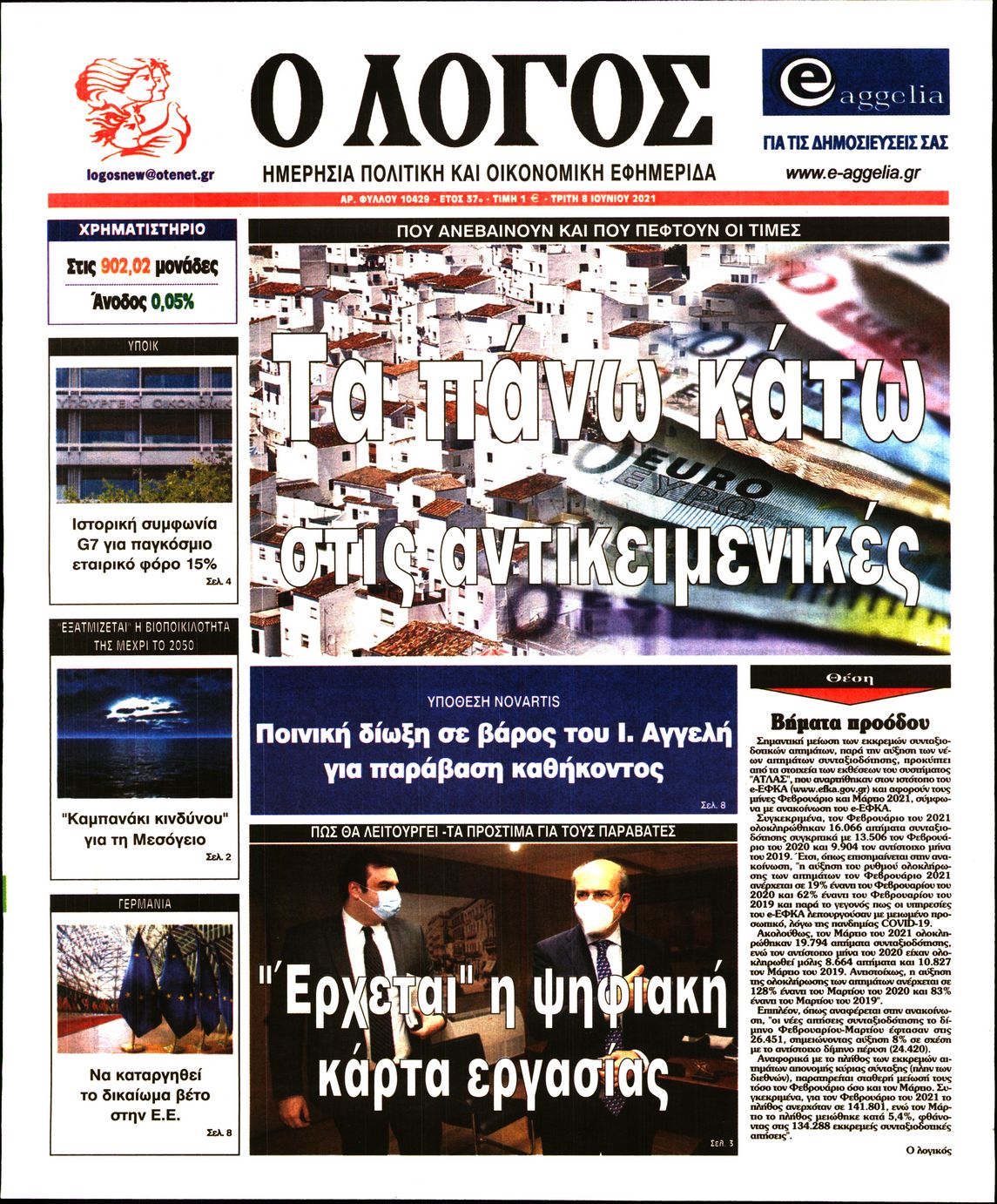 Εξώφυλο εφημερίδας Ο ΛΟΓΟΣ 2021-06-08