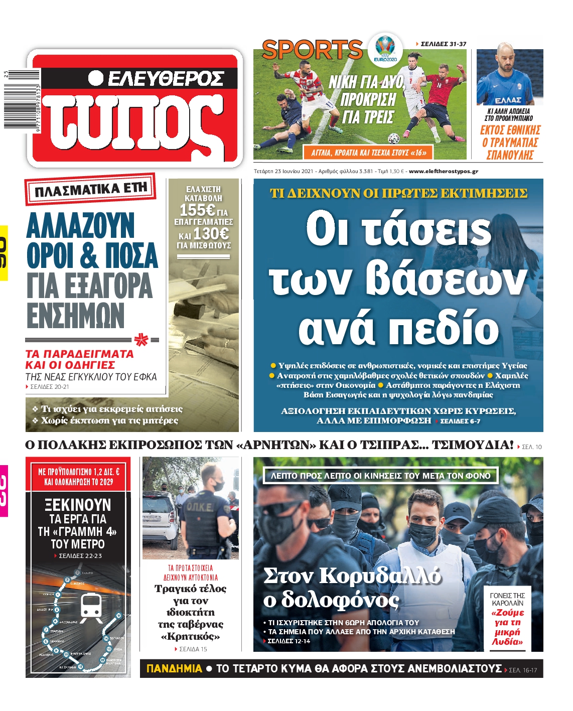 Εξώφυλο εφημερίδας ΕΛΕΥΘΕΡΟΣ ΤΥΠΟΣ 2021-06-23