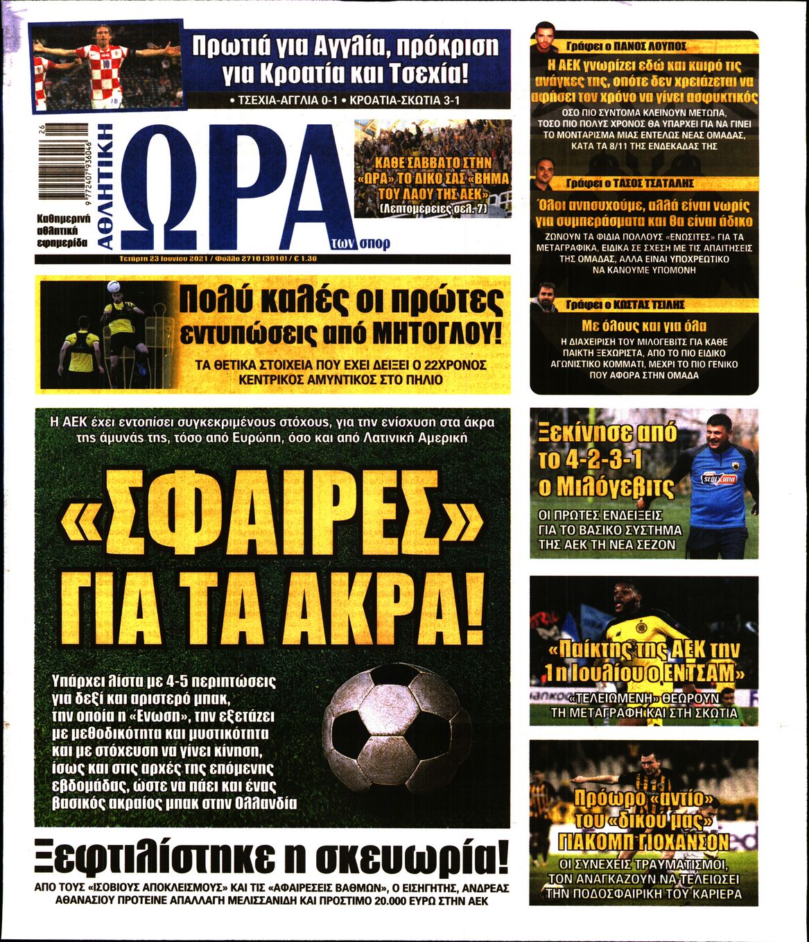 Εξώφυλο εφημερίδας ΩΡΑ ΓΙΑ ΣΠΟΡ 2021-06-23