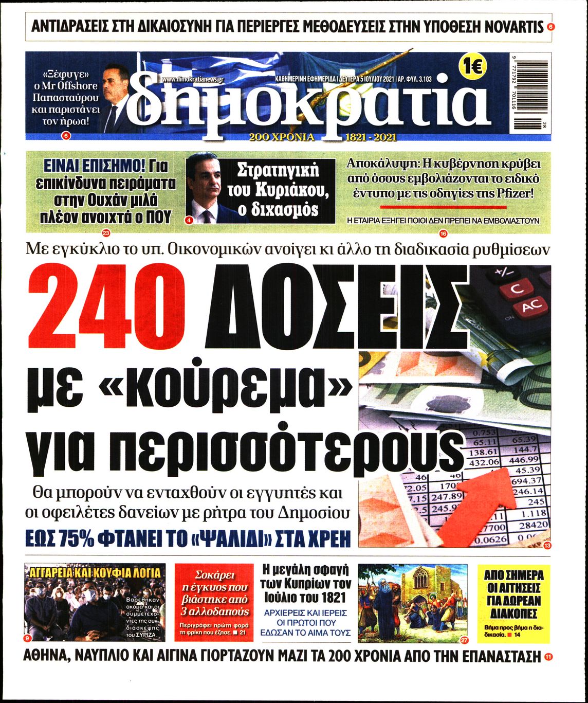 Εξώφυλο εφημερίδας ΔΗΜΟΚΡΑΤΙΑ 2021-07-05