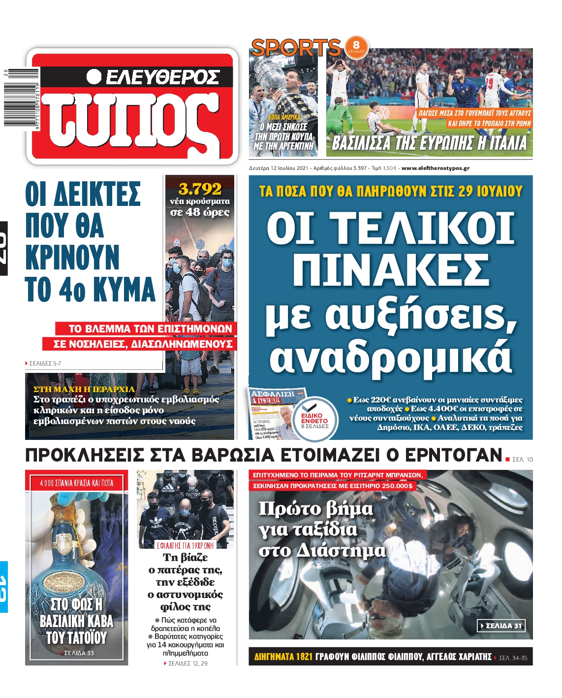 Εξώφυλο εφημερίδας ΕΛΕΥΘΕΡΟΣ ΤΥΠΟΣ 2021-07-12