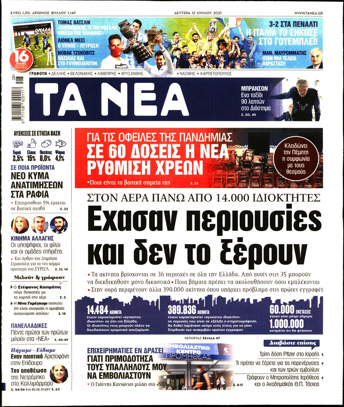 Εξώφυλο εφημερίδας ΤΑ ΝΕΑ 2021-07-12