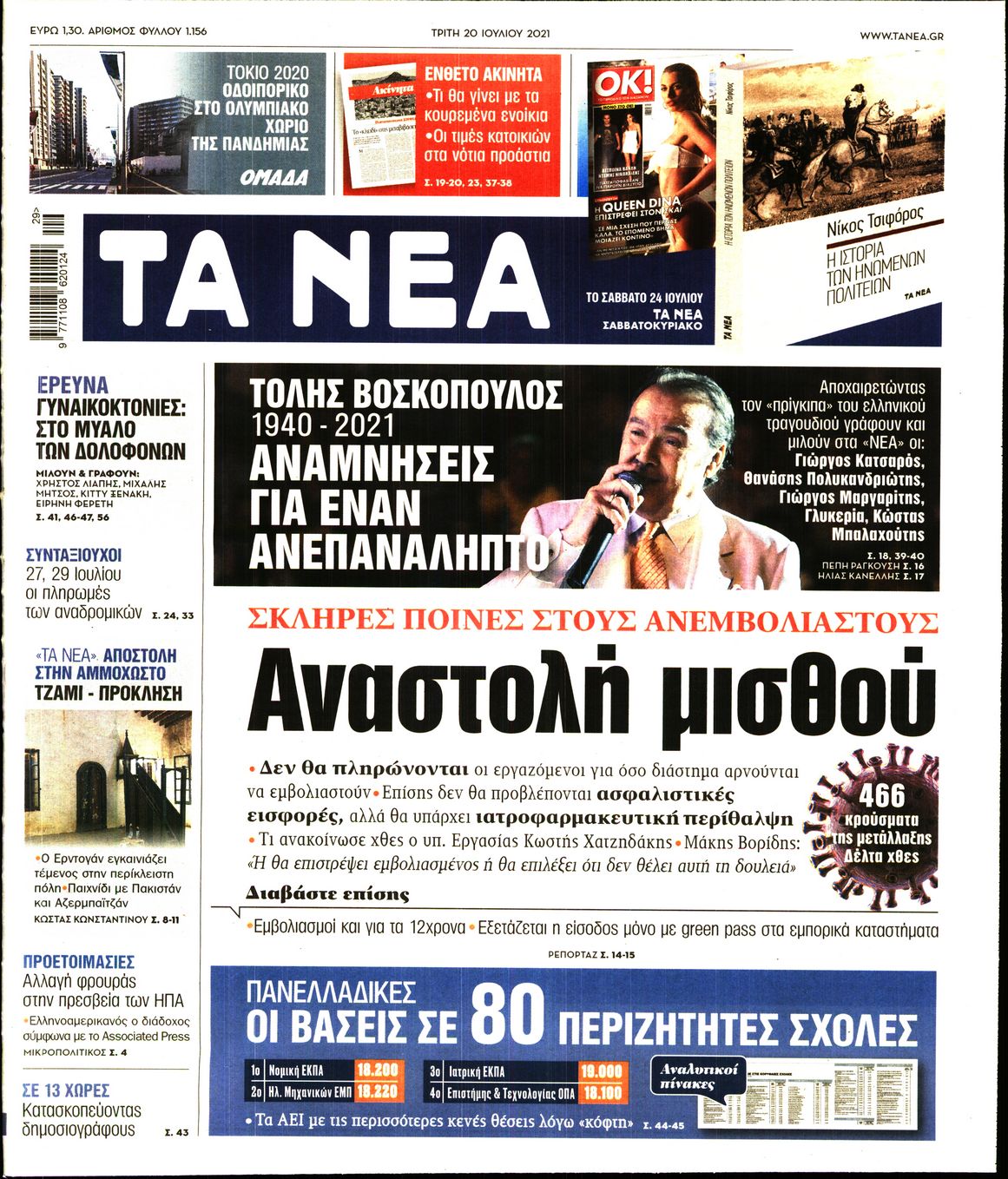 Εξώφυλο εφημερίδας ΤΑ ΝΕΑ 2021-07-20