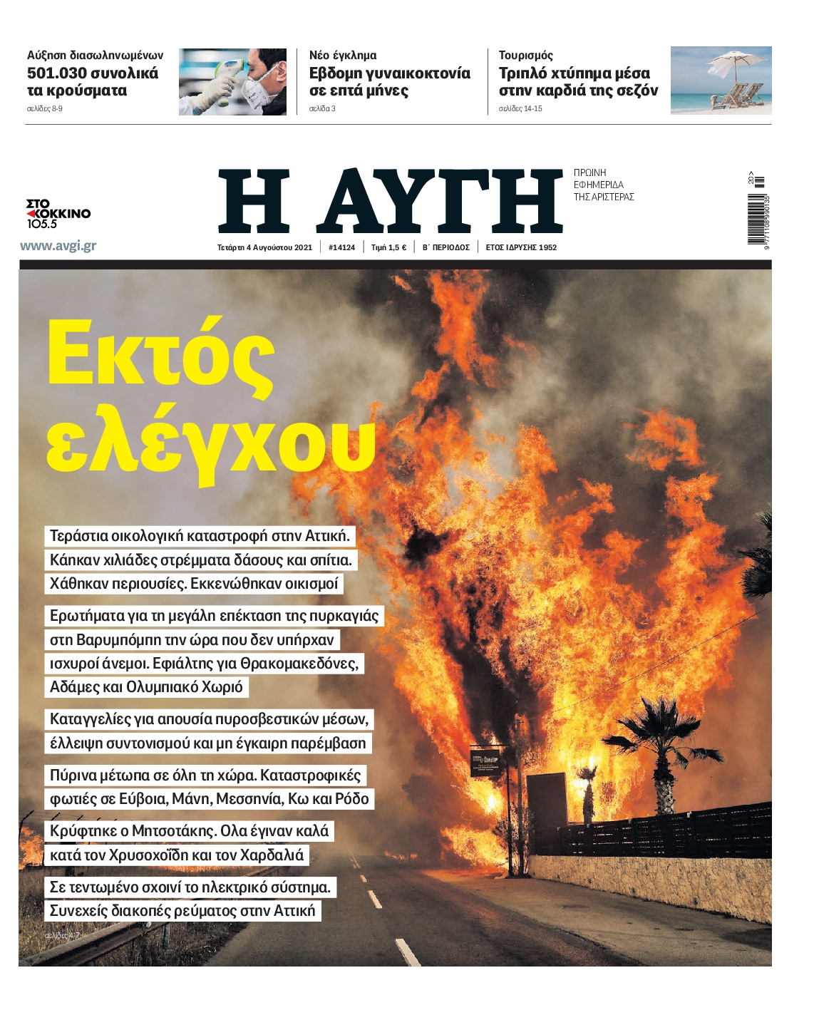 Εξώφυλο εφημερίδας ΑΥΓΗ 2021-08-04