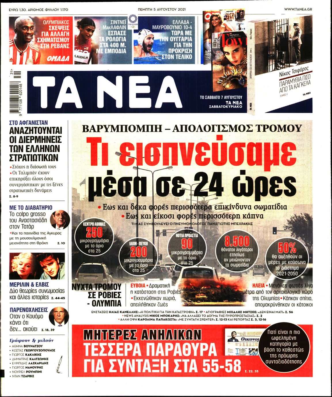 Εξώφυλο εφημερίδας ΤΑ ΝΕΑ 2021-08-05