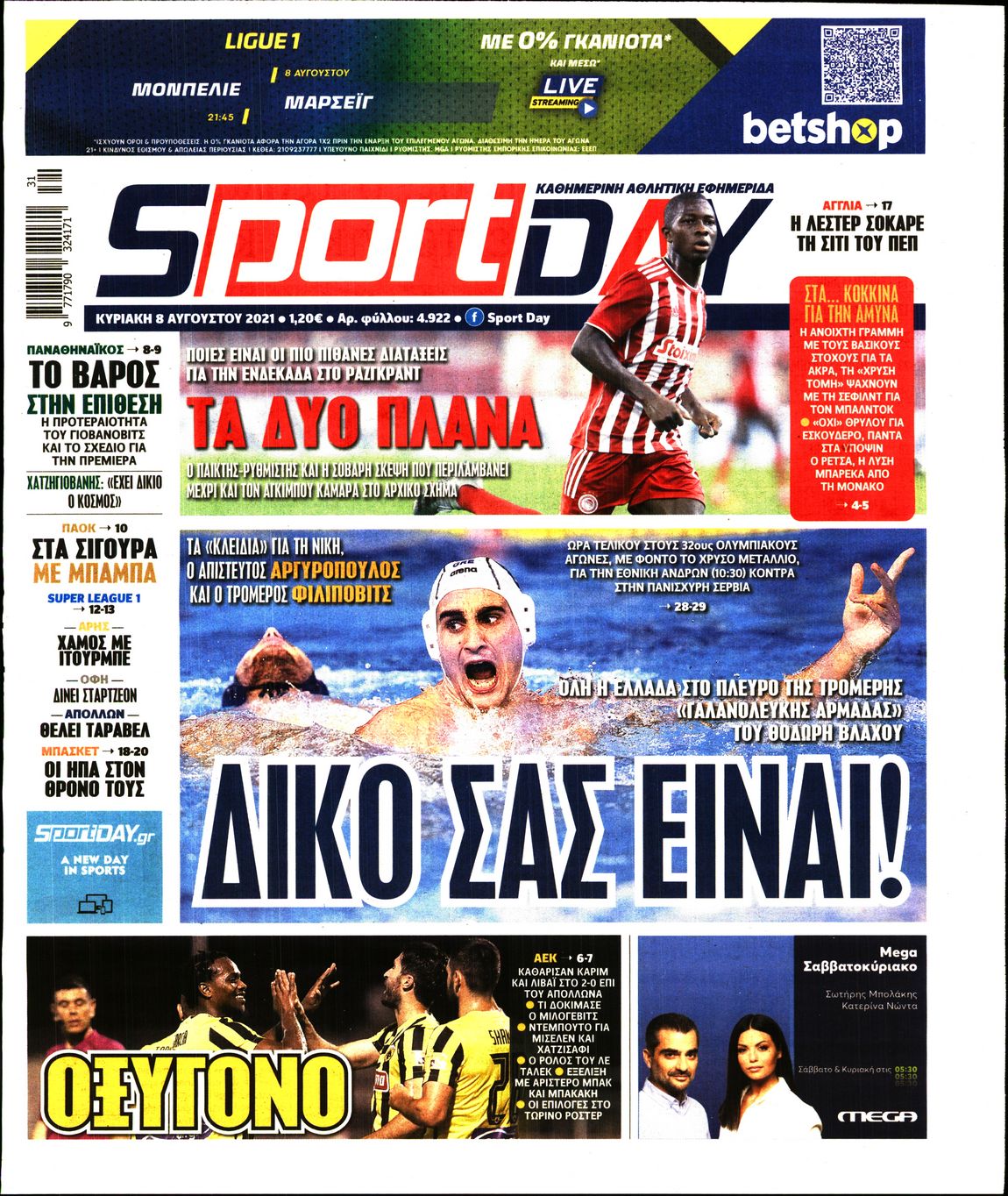 Εξώφυλο εφημερίδας SPORTDAY 2021-08-08
