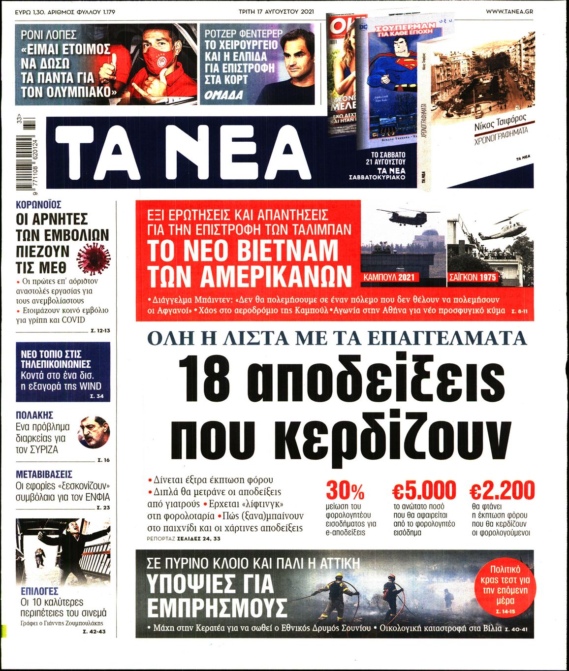 Εξώφυλο εφημερίδας ΤΑ ΝΕΑ 2021-08-17