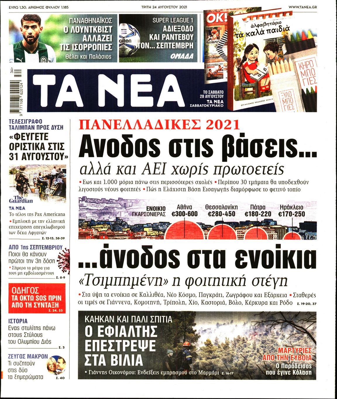 Εξώφυλο εφημερίδας ΤΑ ΝΕΑ 2021-08-24