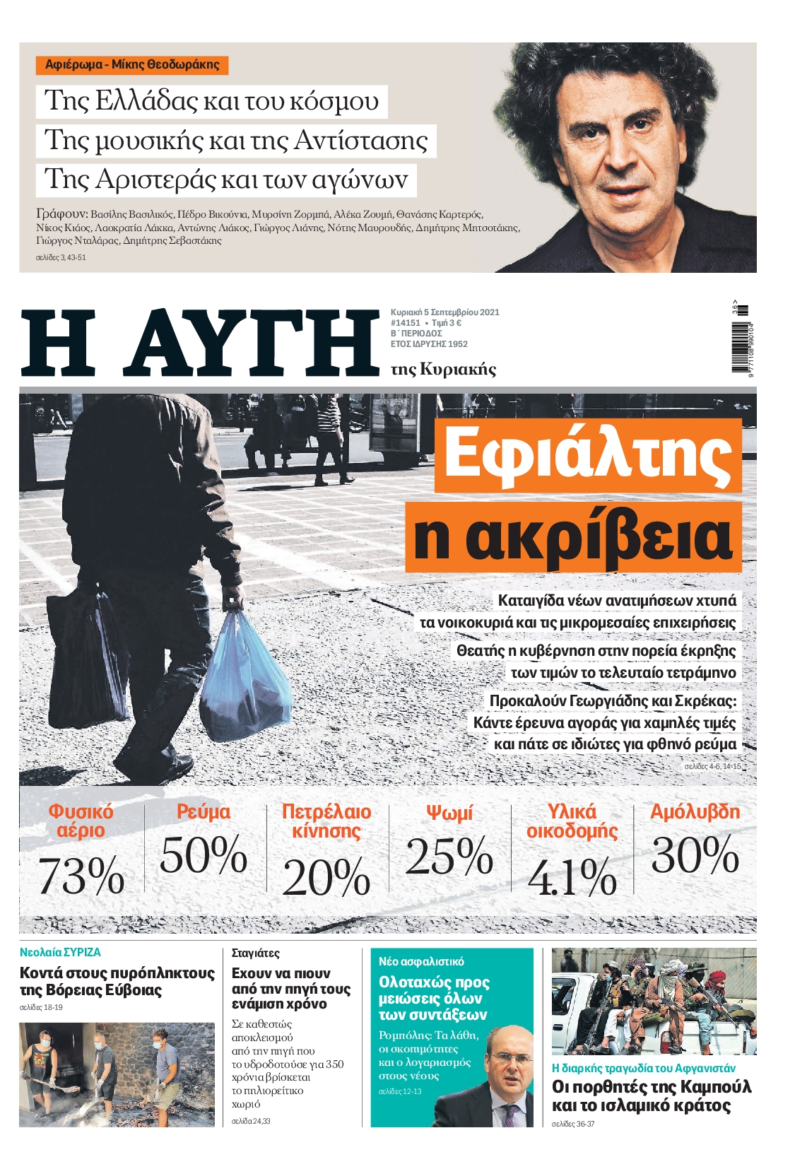 Εξώφυλο εφημερίδας ΑΥΓΗ 2021-09-05