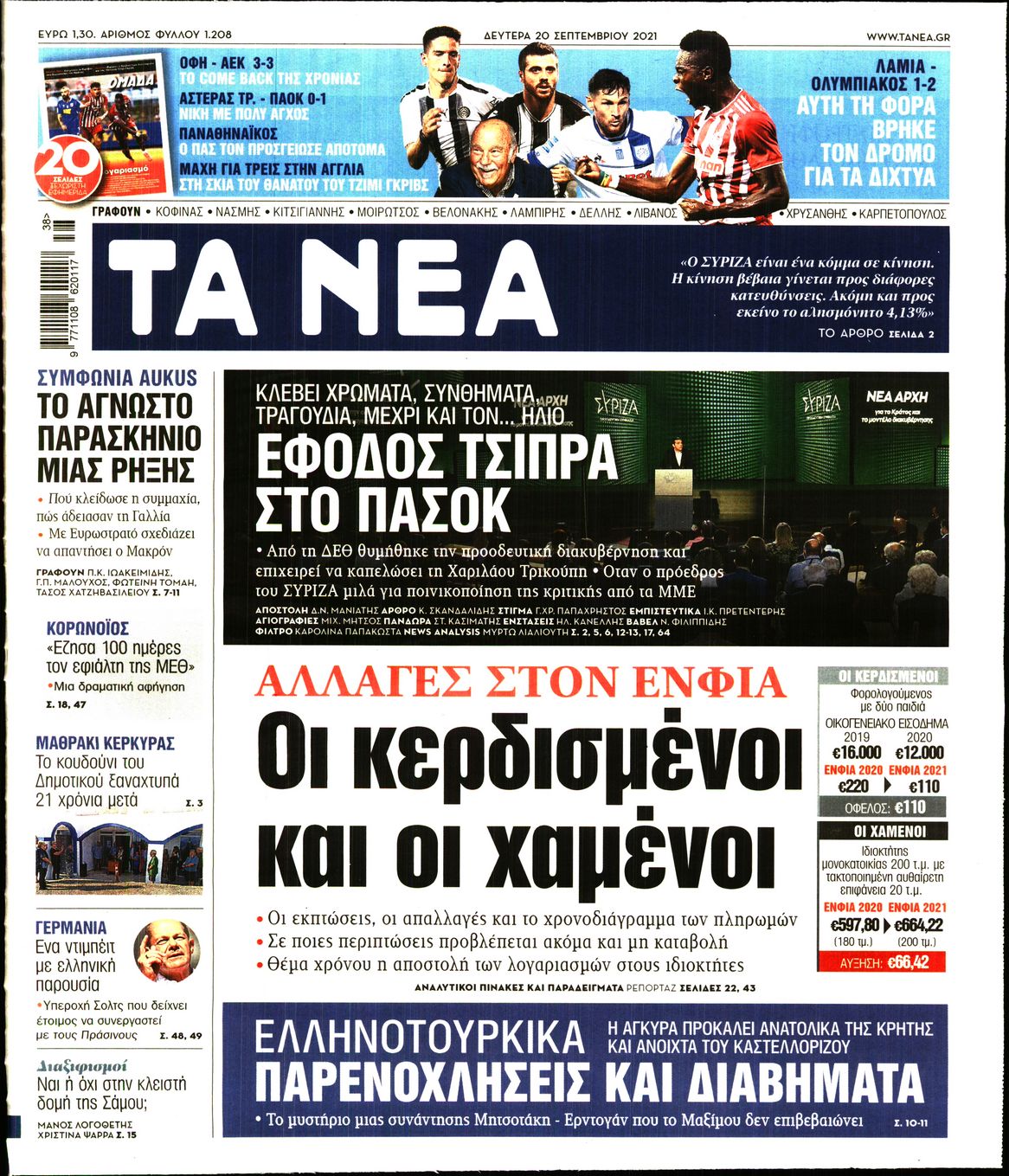 Εξώφυλο εφημερίδας ΤΑ ΝΕΑ 2021-09-20