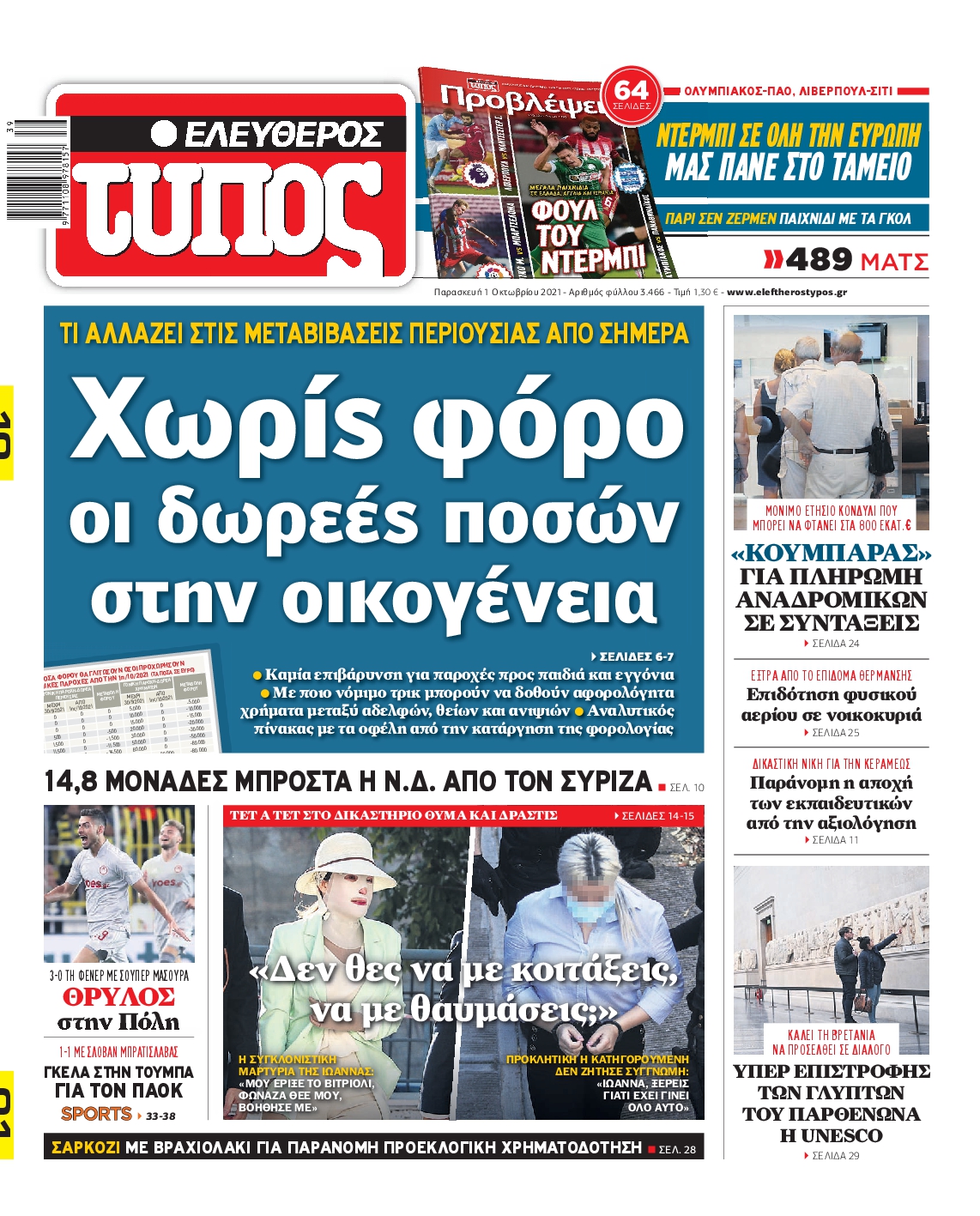 Εξώφυλο εφημερίδας ΕΛΕΥΘΕΡΟΣ ΤΥΠΟΣ 2021-10-01