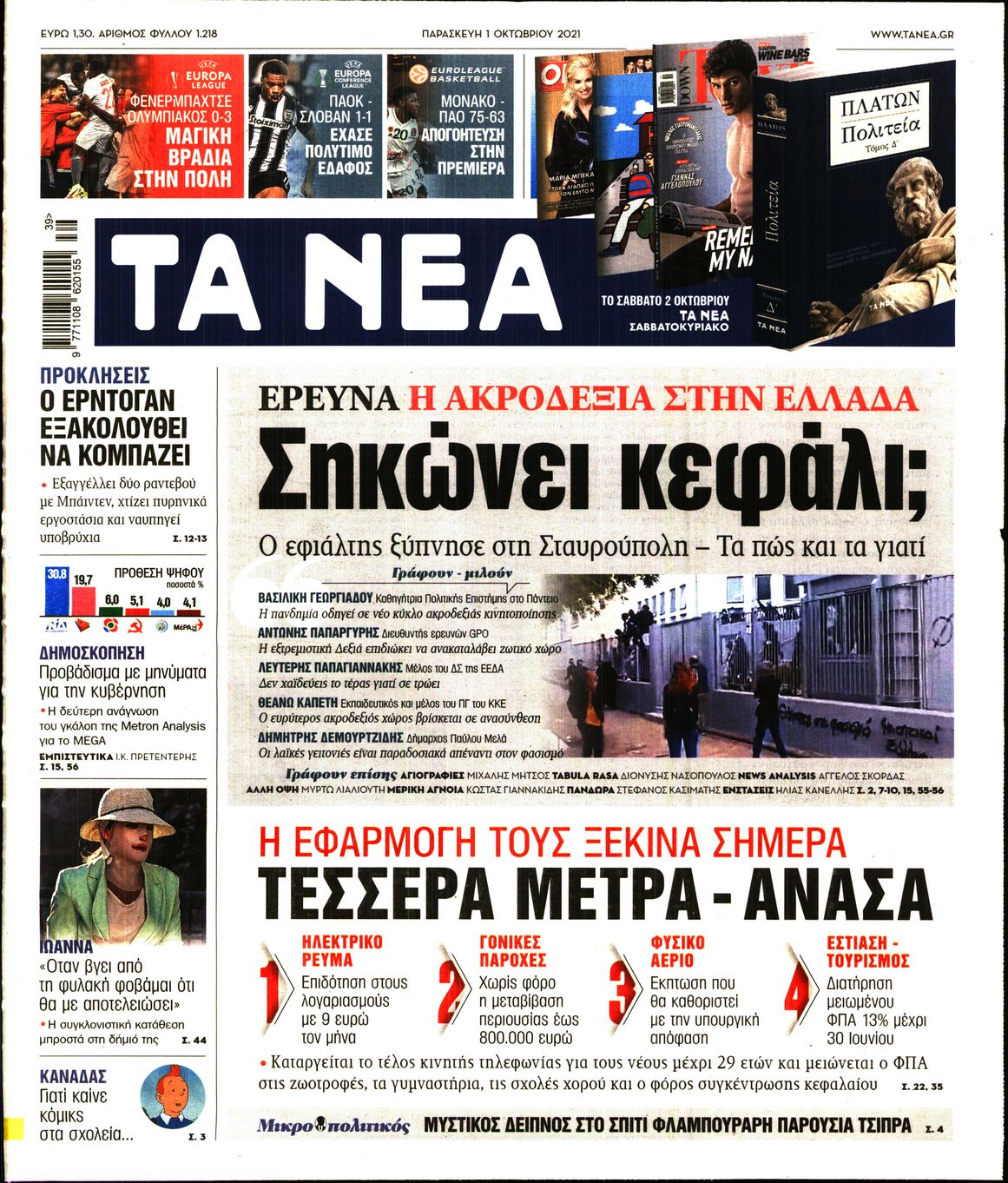Εξώφυλο εφημερίδας ΤΑ ΝΕΑ 2021-10-01