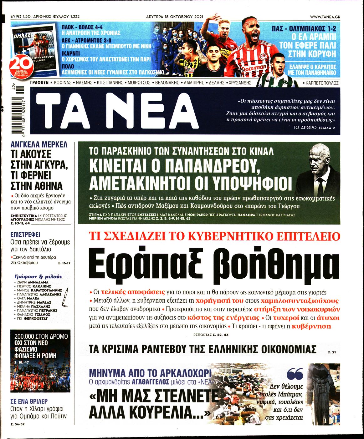 Εξώφυλο εφημερίδας ΤΑ ΝΕΑ 2021-10-18
