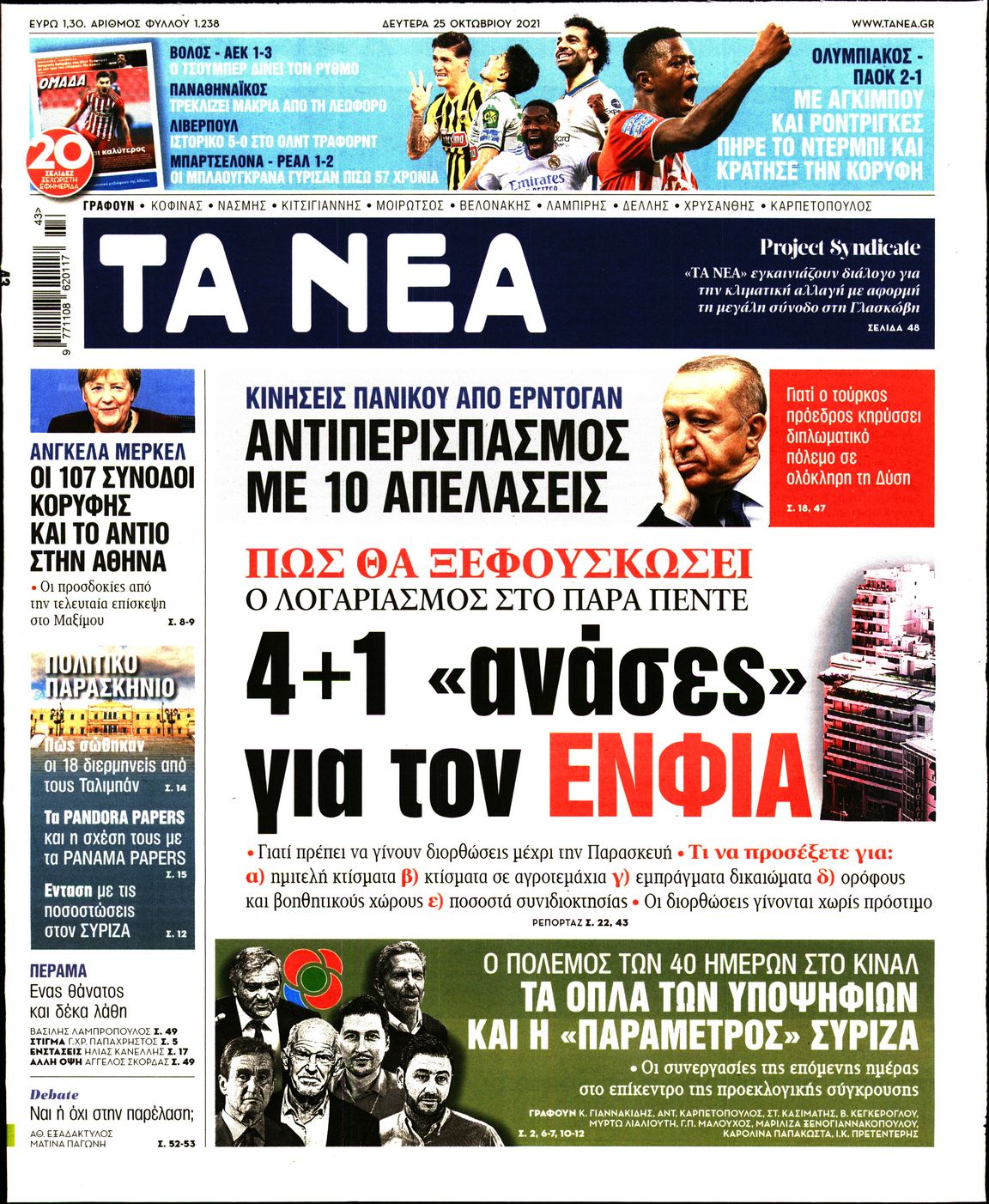 Εξώφυλο εφημερίδας ΤΑ ΝΕΑ 2021-10-25