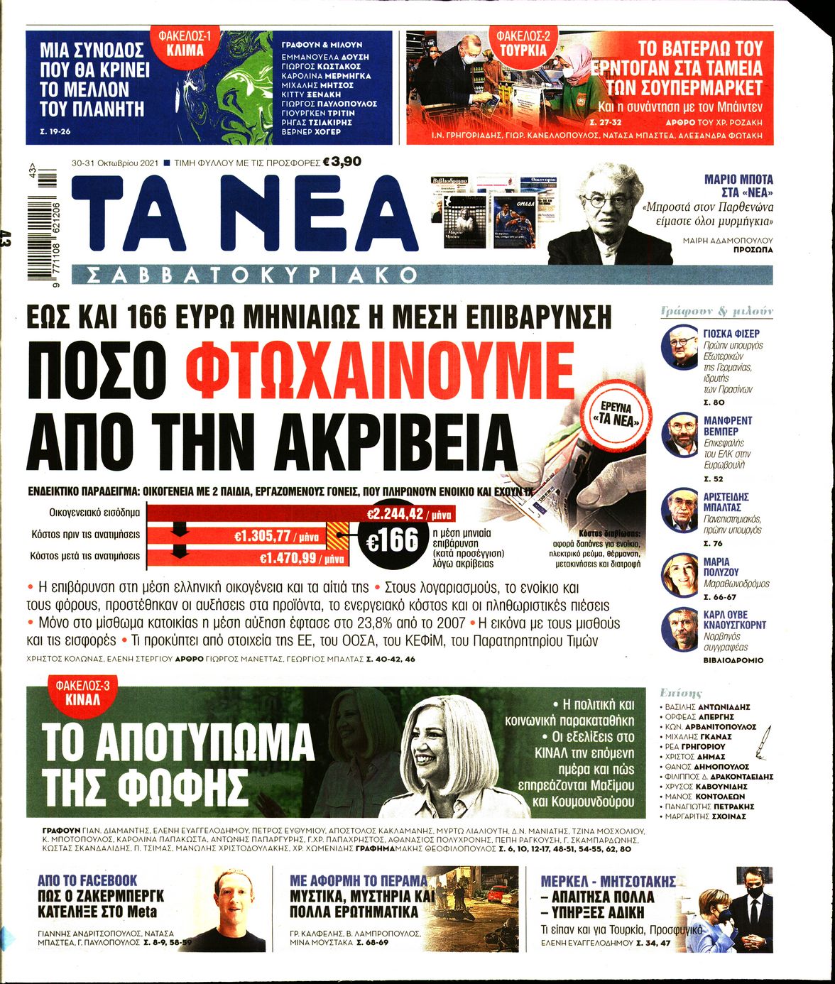 Εξώφυλο εφημερίδας ΤΑ ΝΕΑ 2021-10-30