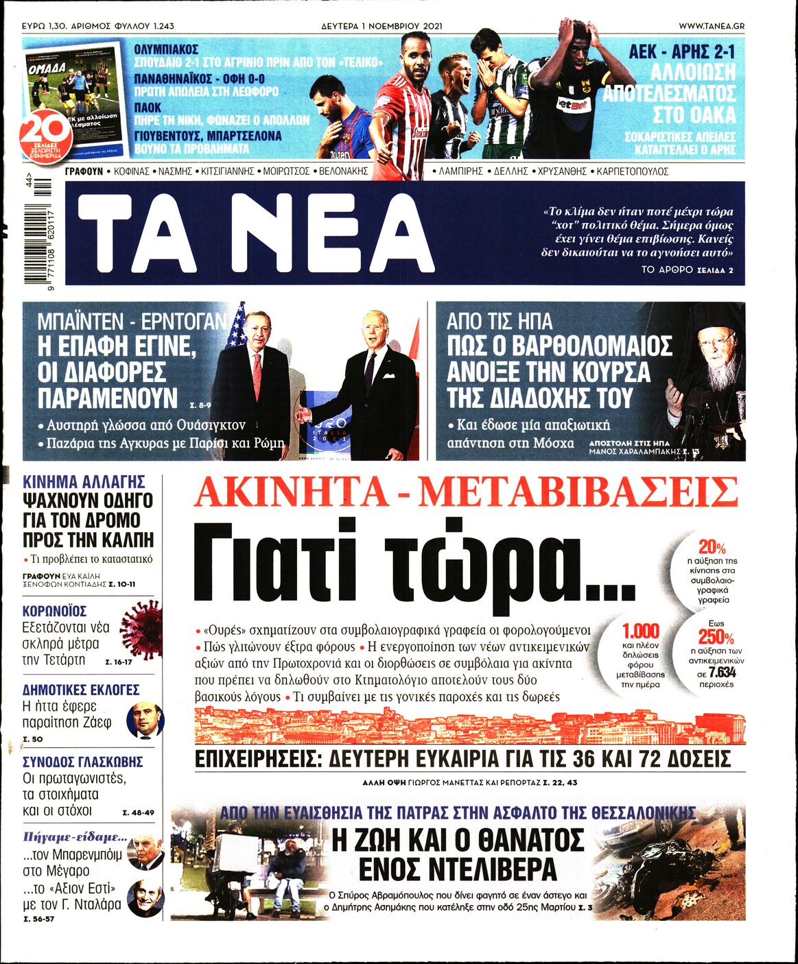 Εξώφυλο εφημερίδας ΤΑ ΝΕΑ 2021-11-01