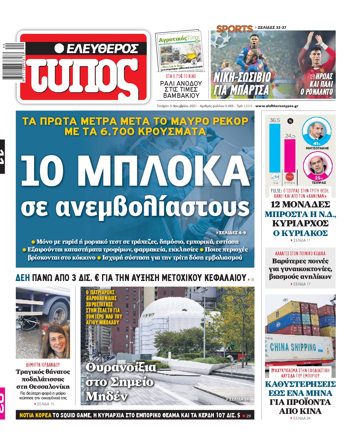 Εξώφυλο εφημερίδας ΕΛΕΥΘΕΡΟΣ ΤΥΠΟΣ 2021-11-03