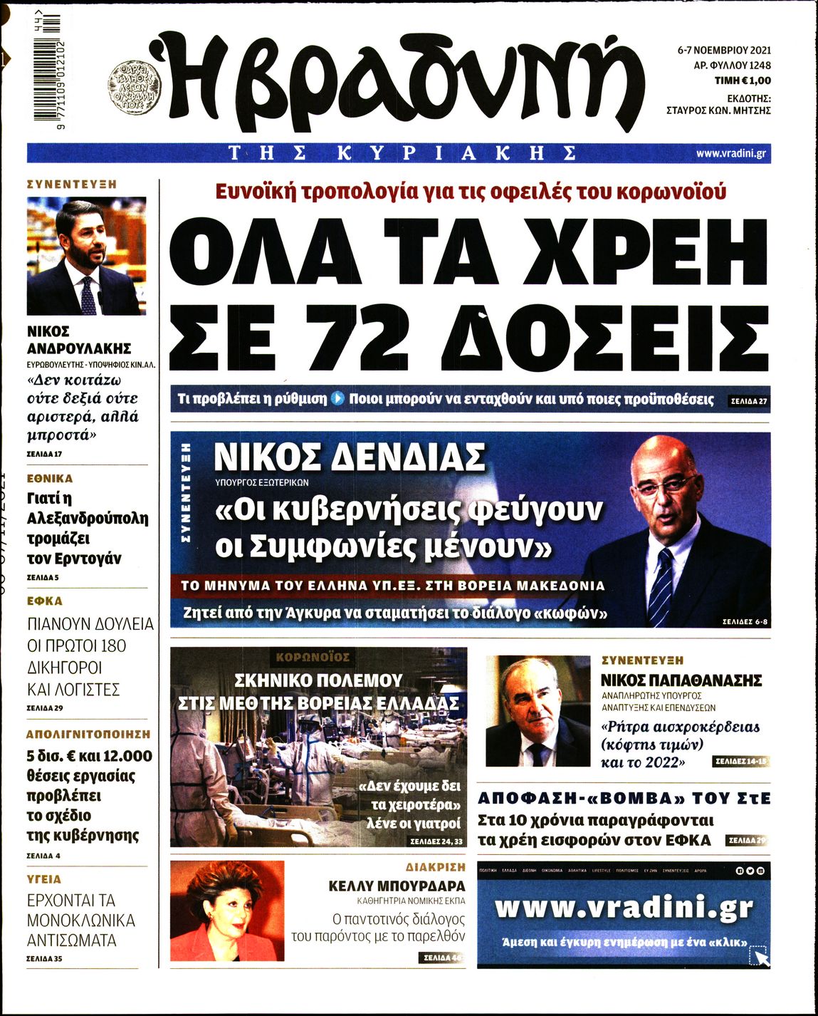 Εξώφυλο εφημερίδας ΒΡΑΔΥΝΗ 2021-11-06