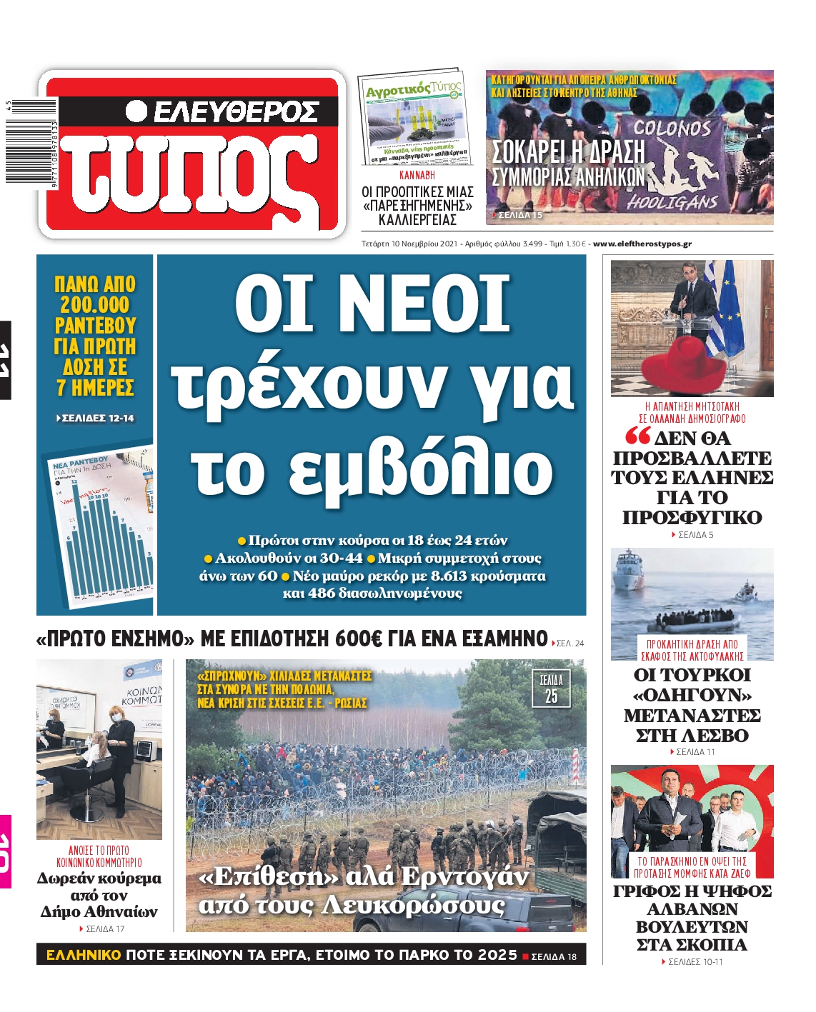 Εξώφυλο εφημερίδας ΕΛΕΥΘΕΡΟΣ ΤΥΠΟΣ 2021-11-10