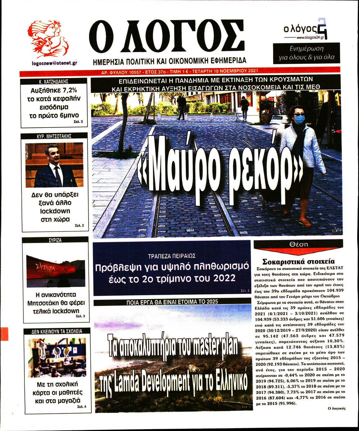 Εξώφυλο εφημερίδας Ο ΛΟΓΟΣ 2021-11-10