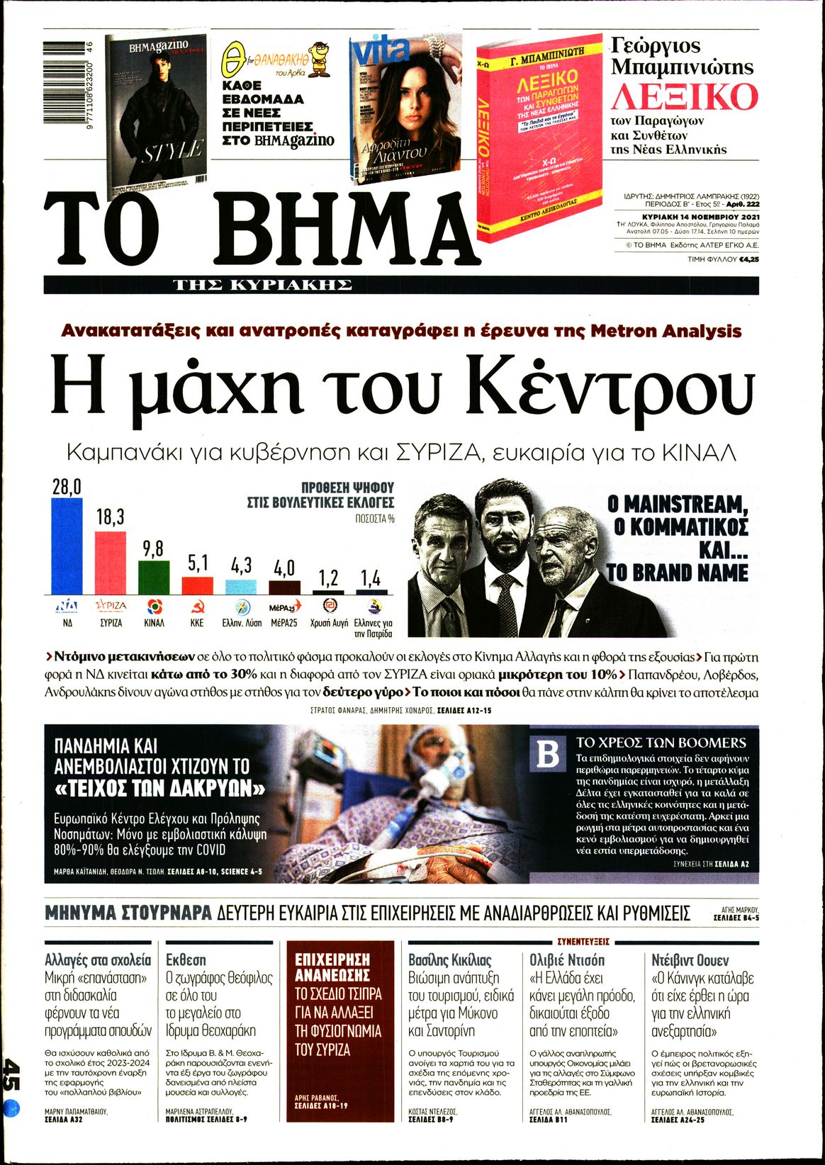 Εξώφυλο εφημερίδας ΤΟ ΒΗΜΑ 2021-11-14