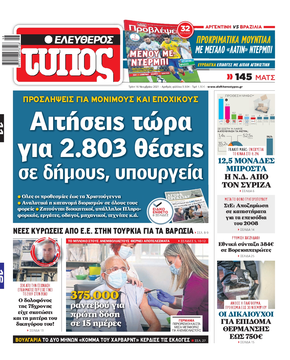 Εξώφυλο εφημερίδας ΕΛΕΥΘΕΡΟΣ ΤΥΠΟΣ 2021-11-16