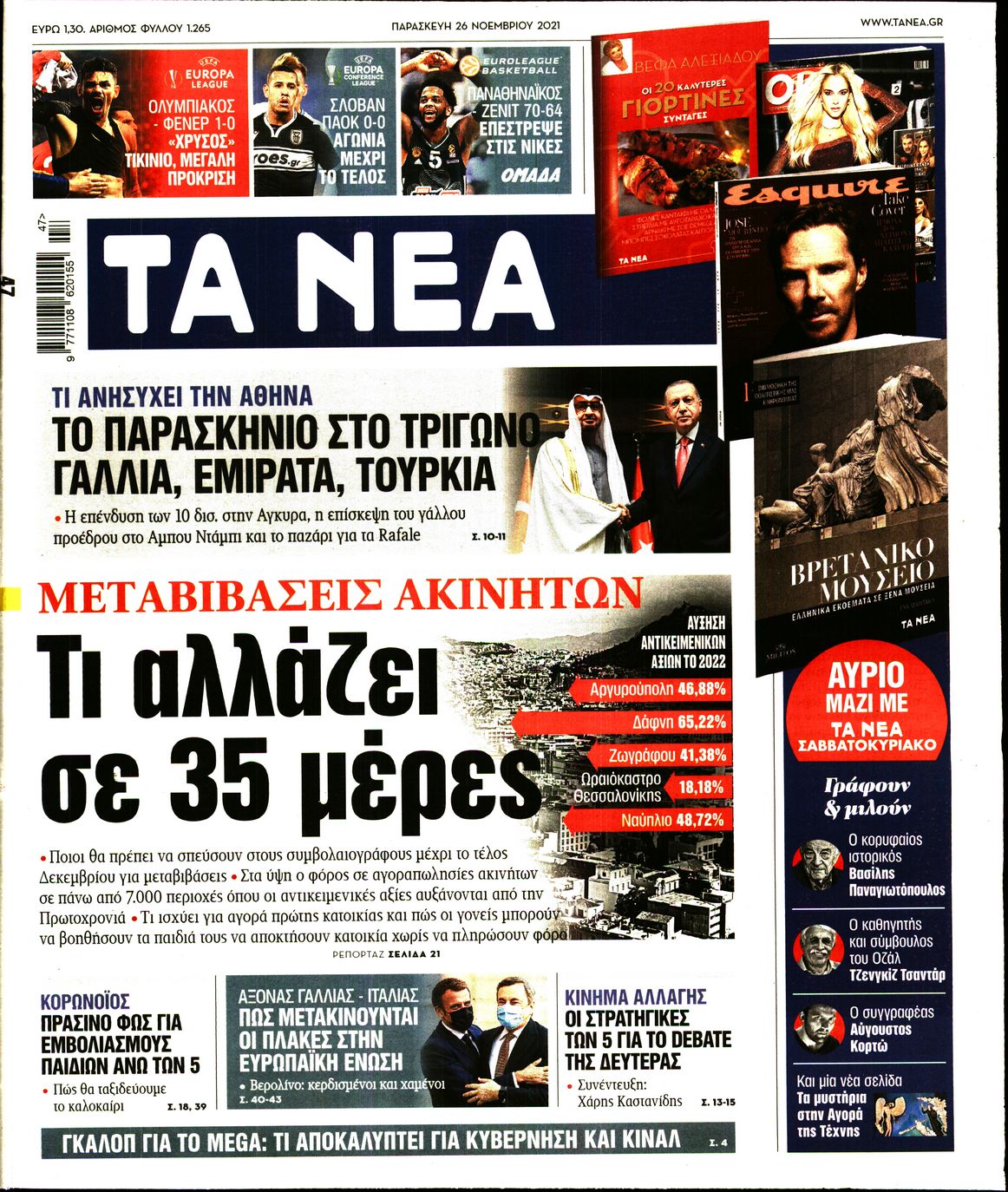 Εξώφυλο εφημερίδας ΤΑ ΝΕΑ 2021-11-26