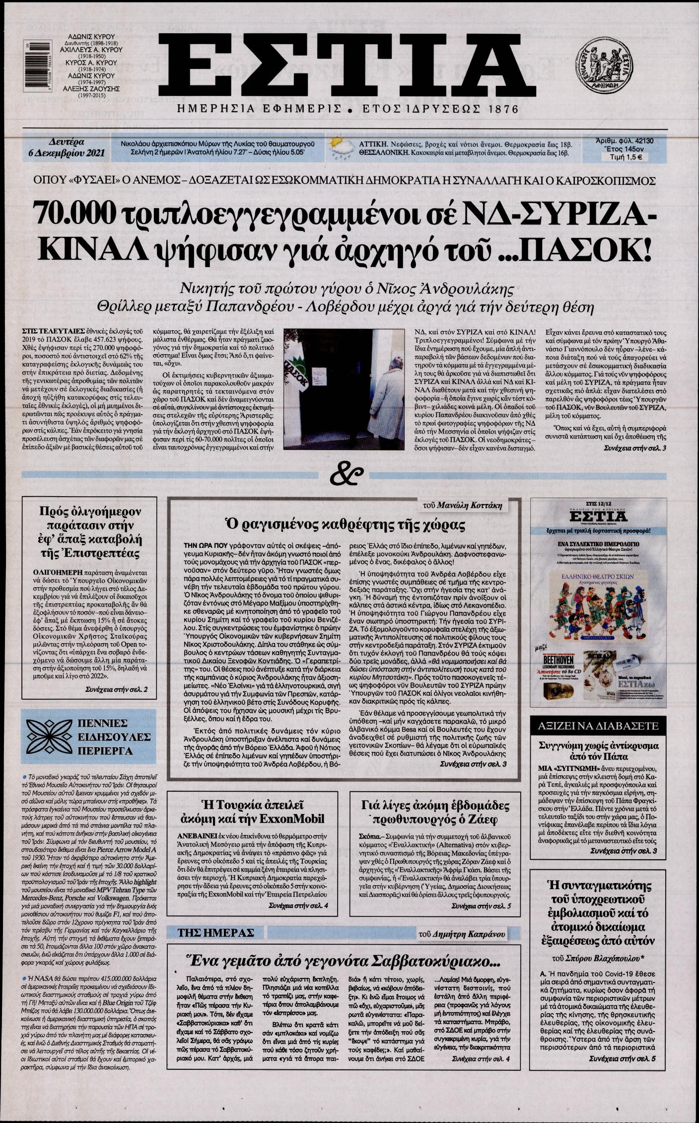 Εξώφυλο εφημερίδας ΕΣΤΙΑ 2021-12-06