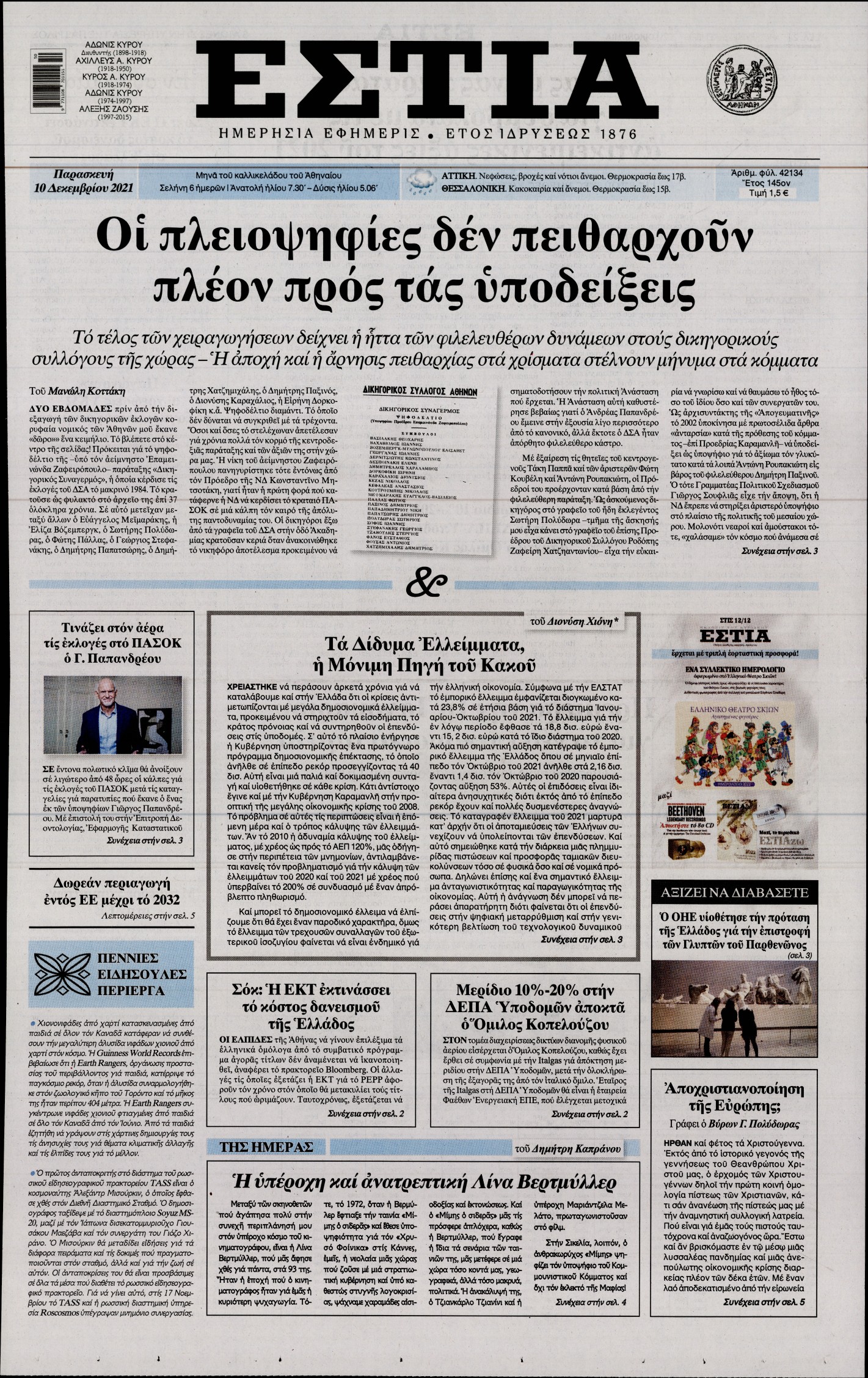 Εξώφυλο εφημερίδας ΕΣΤΙΑ 2021-12-10