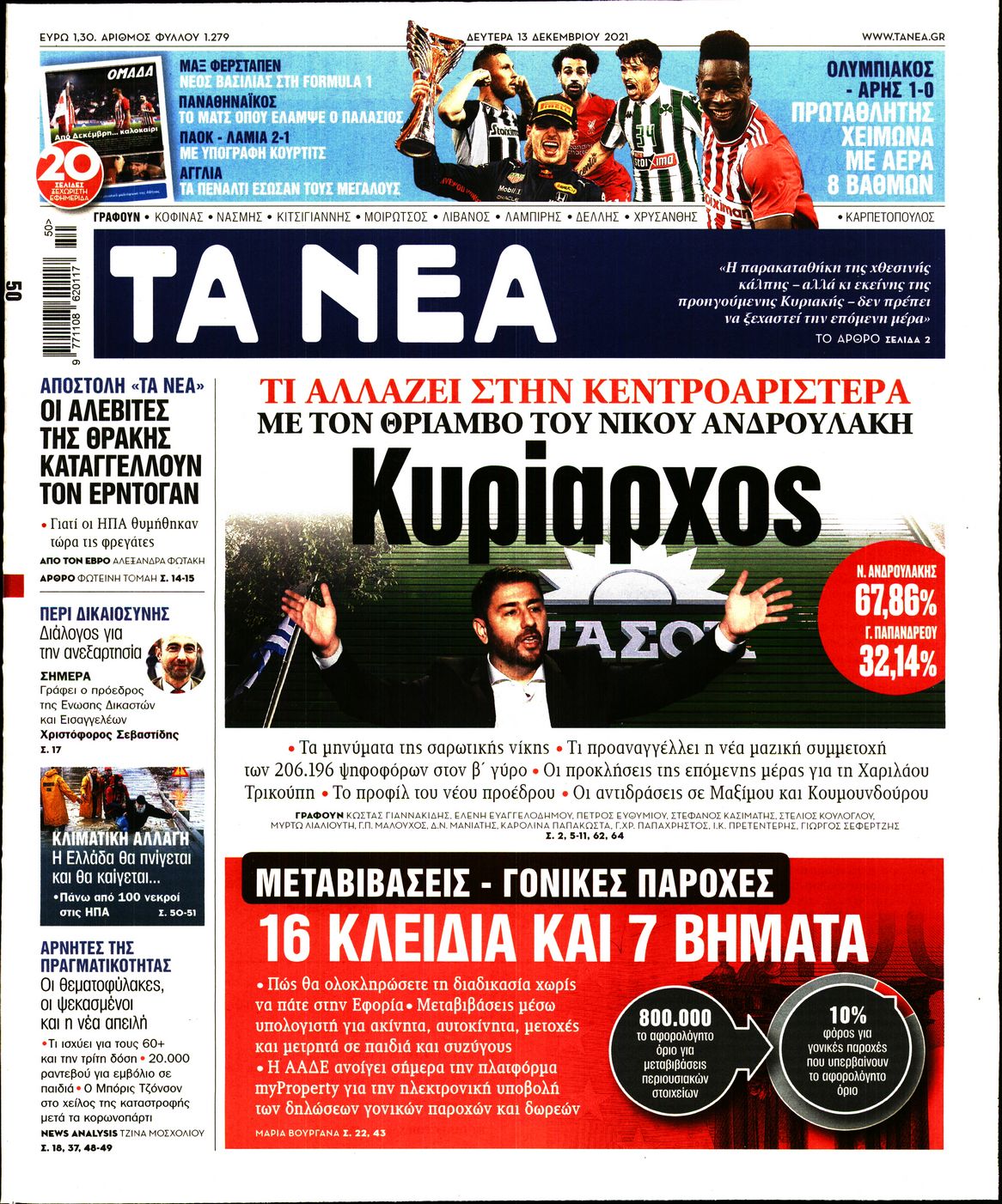 Εξώφυλο εφημερίδας ΤΑ ΝΕΑ 2021-12-13