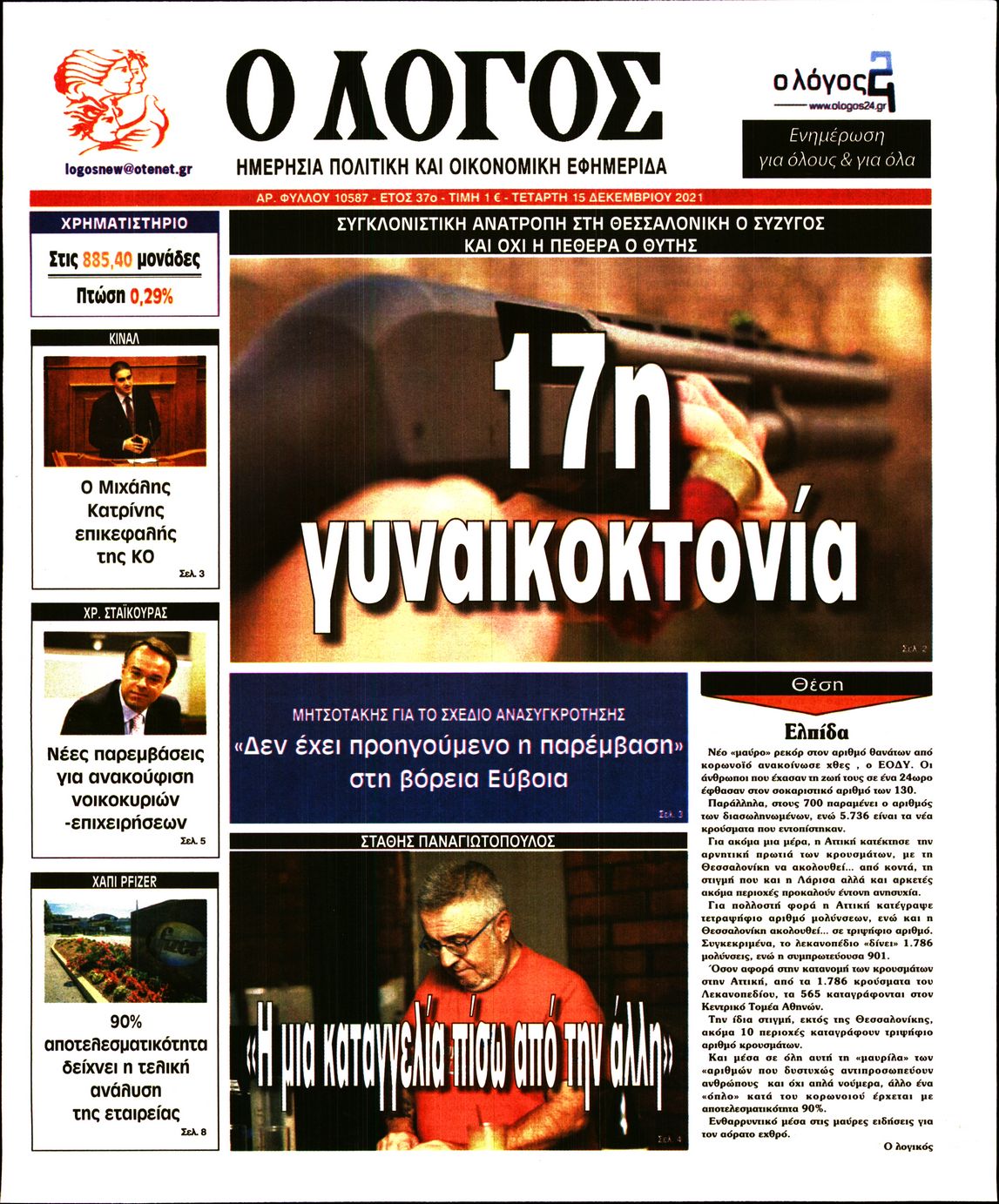 Εξώφυλο εφημερίδας Ο ΛΟΓΟΣ 2021-12-15