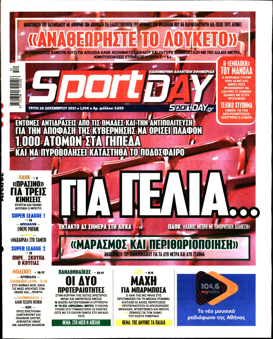 Εξώφυλο εφημερίδας SPORTDAY 2021-12-28