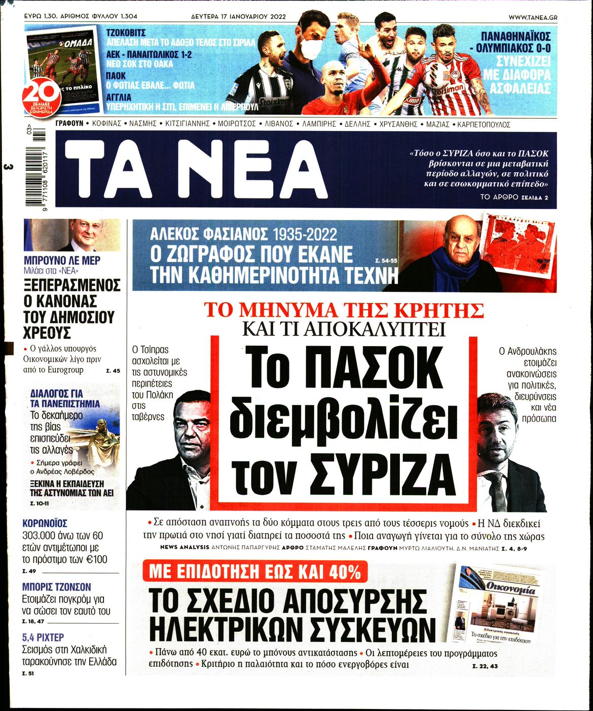 Εξώφυλο εφημερίδας ΤΑ ΝΕΑ 2022-01-17