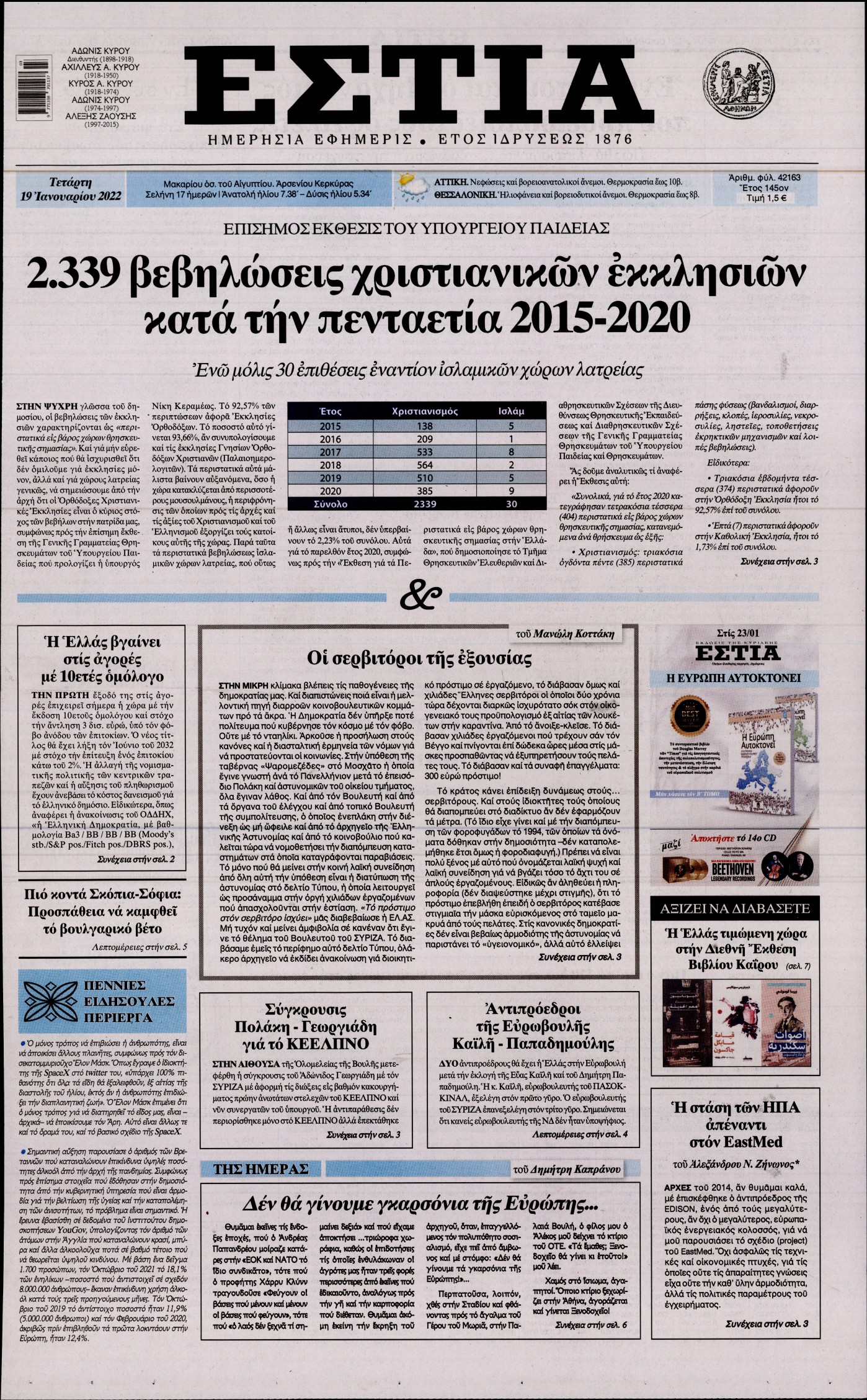 Εξώφυλο εφημερίδας ΕΣΤΙΑ 2022-01-19