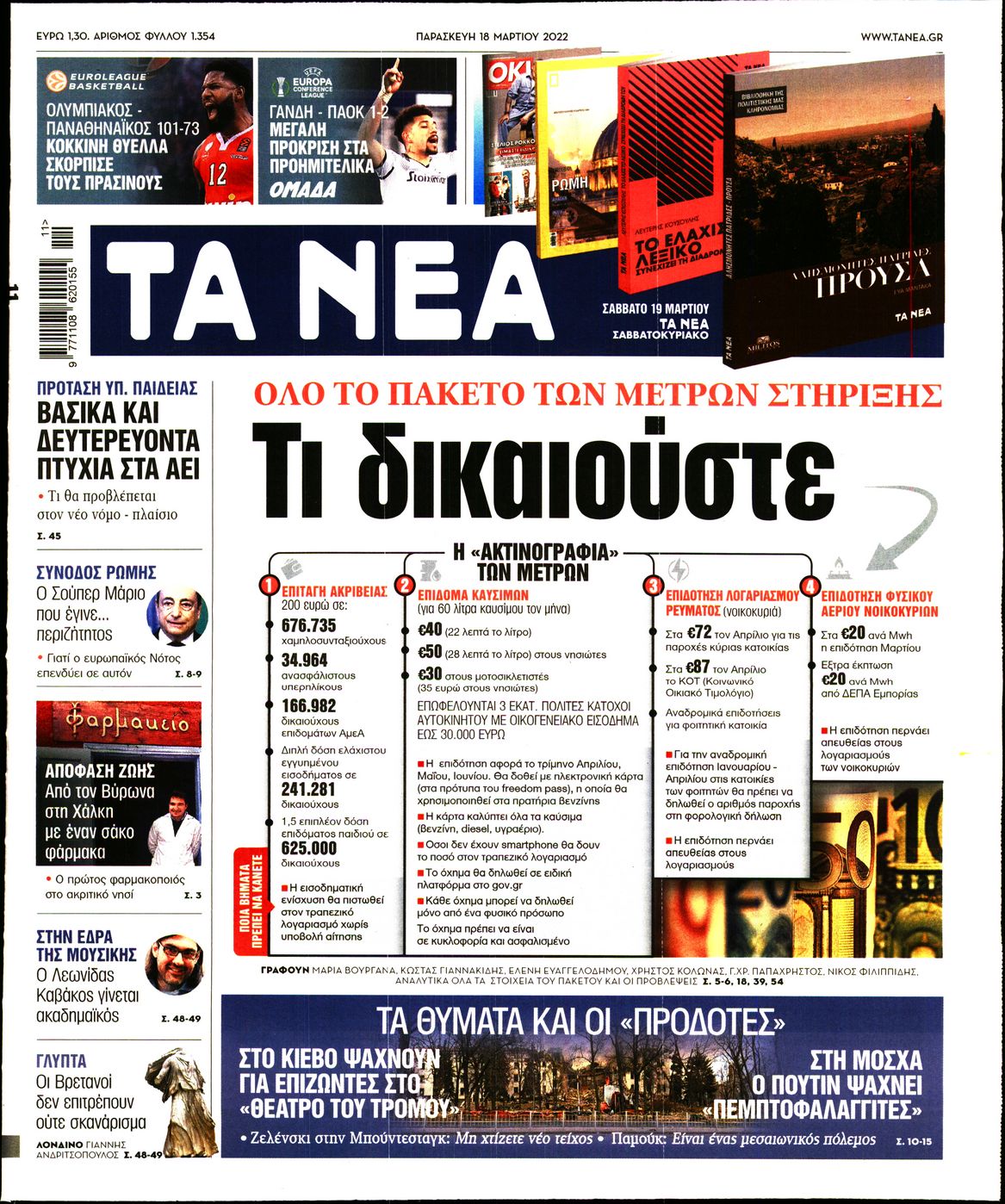 Εξώφυλο εφημερίδας ΤΑ ΝΕΑ 2022-03-18