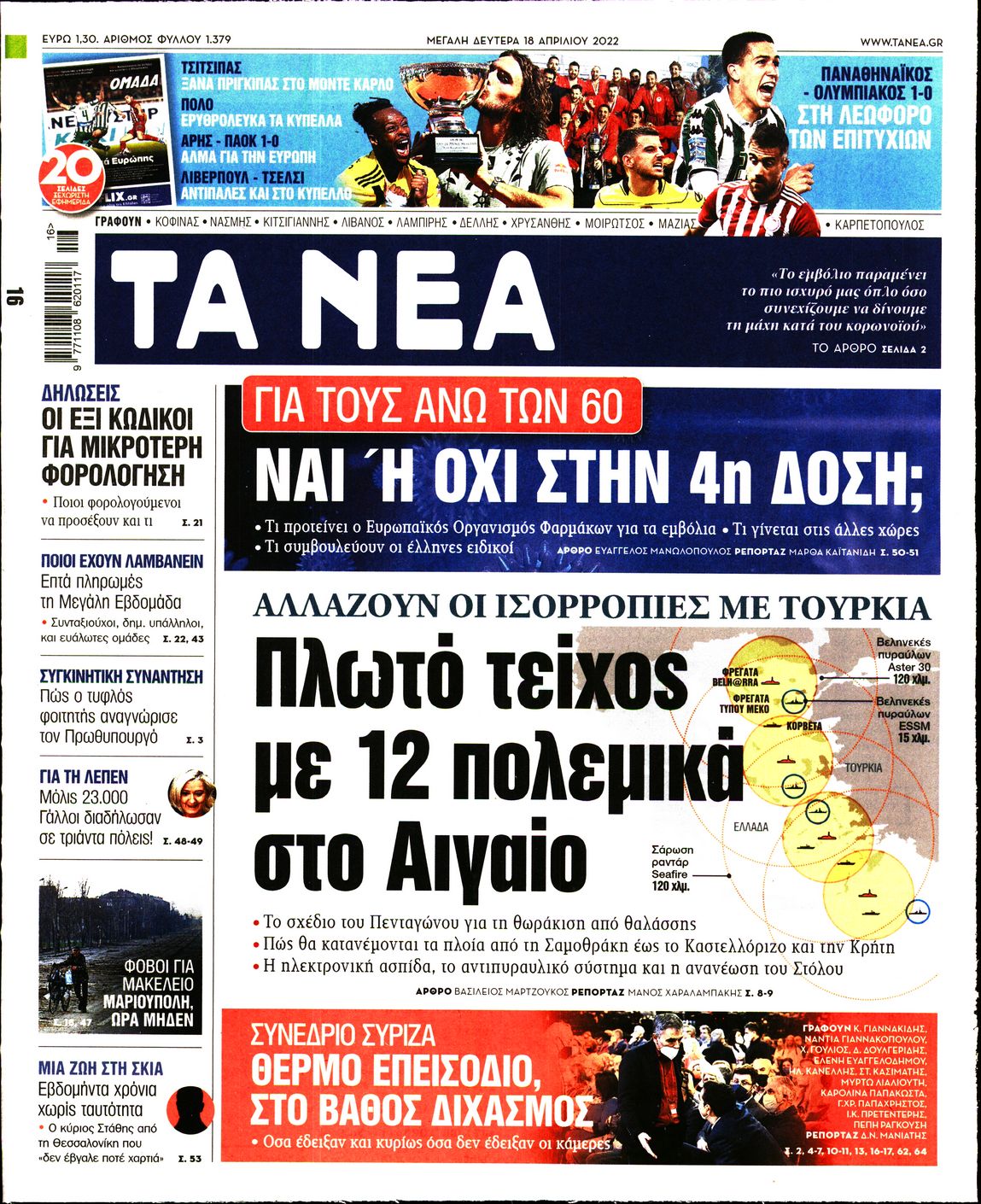 Εξώφυλο εφημερίδας ΤΑ ΝΕΑ 2022-04-18