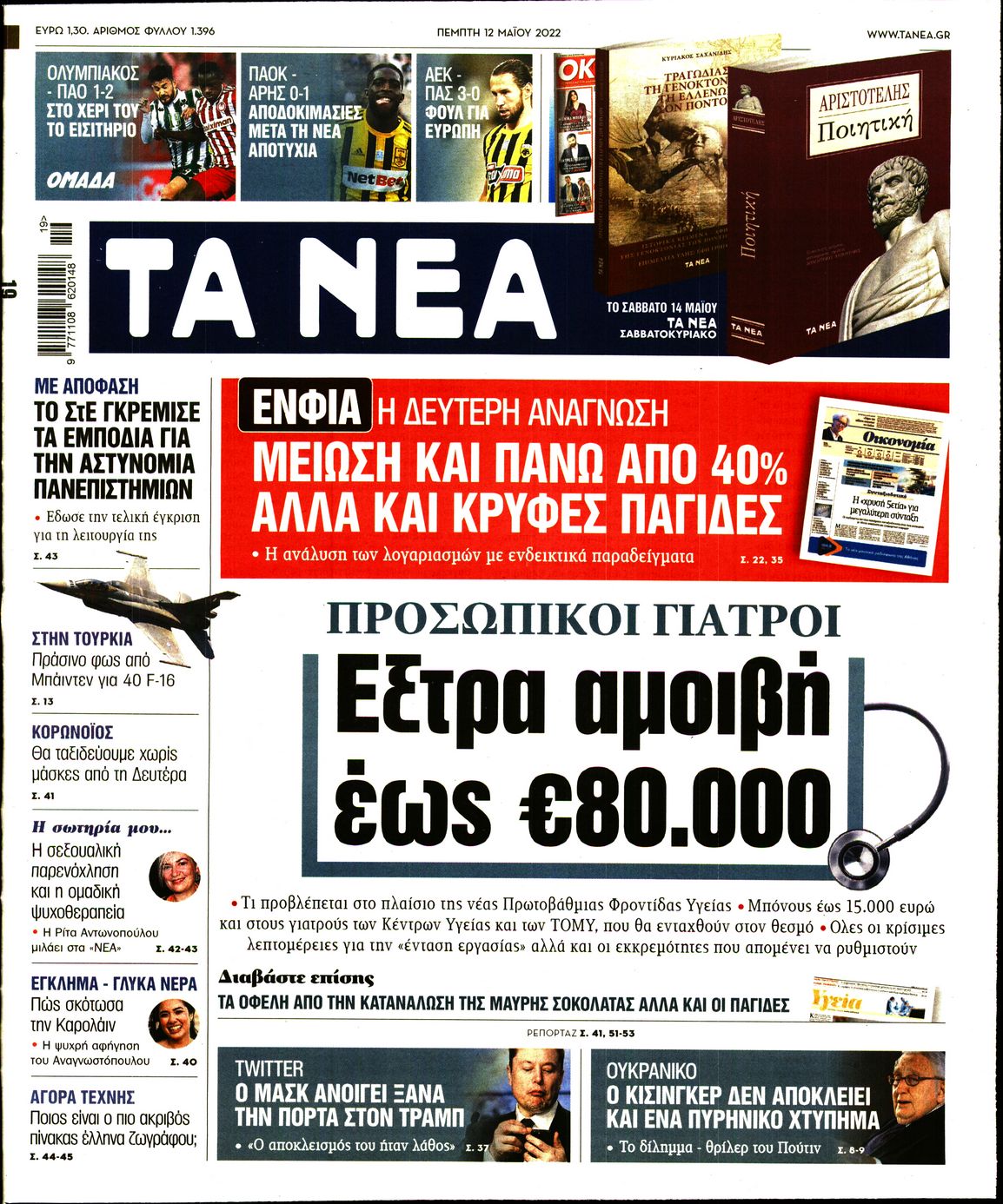 Εξώφυλο εφημερίδας ΤΑ ΝΕΑ 2022-05-12